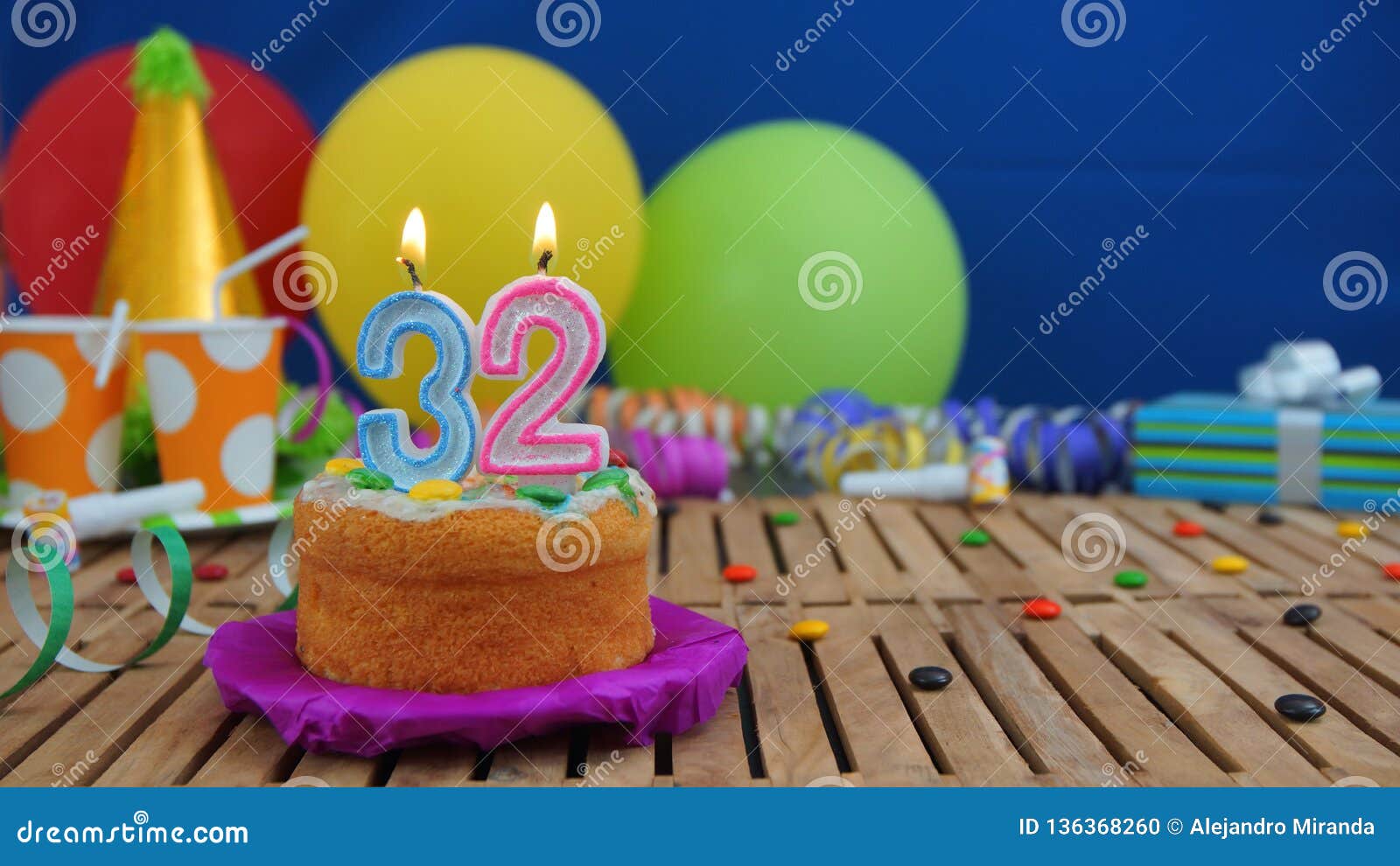 Birthday 32 Cake with Candles on Rustic Wooden Table with Background of ...