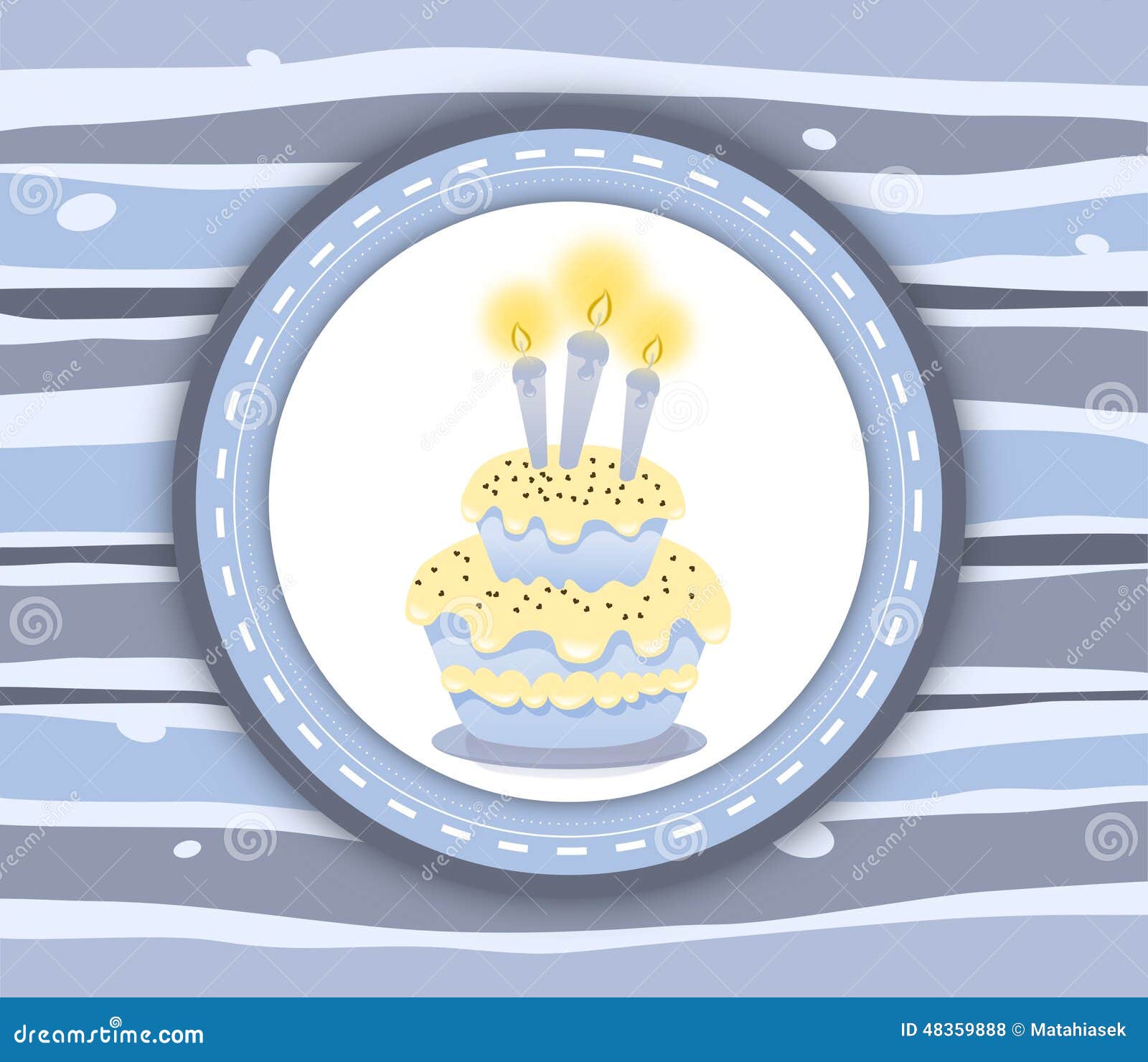 Birthday cake label card - stripey blue background - illustration