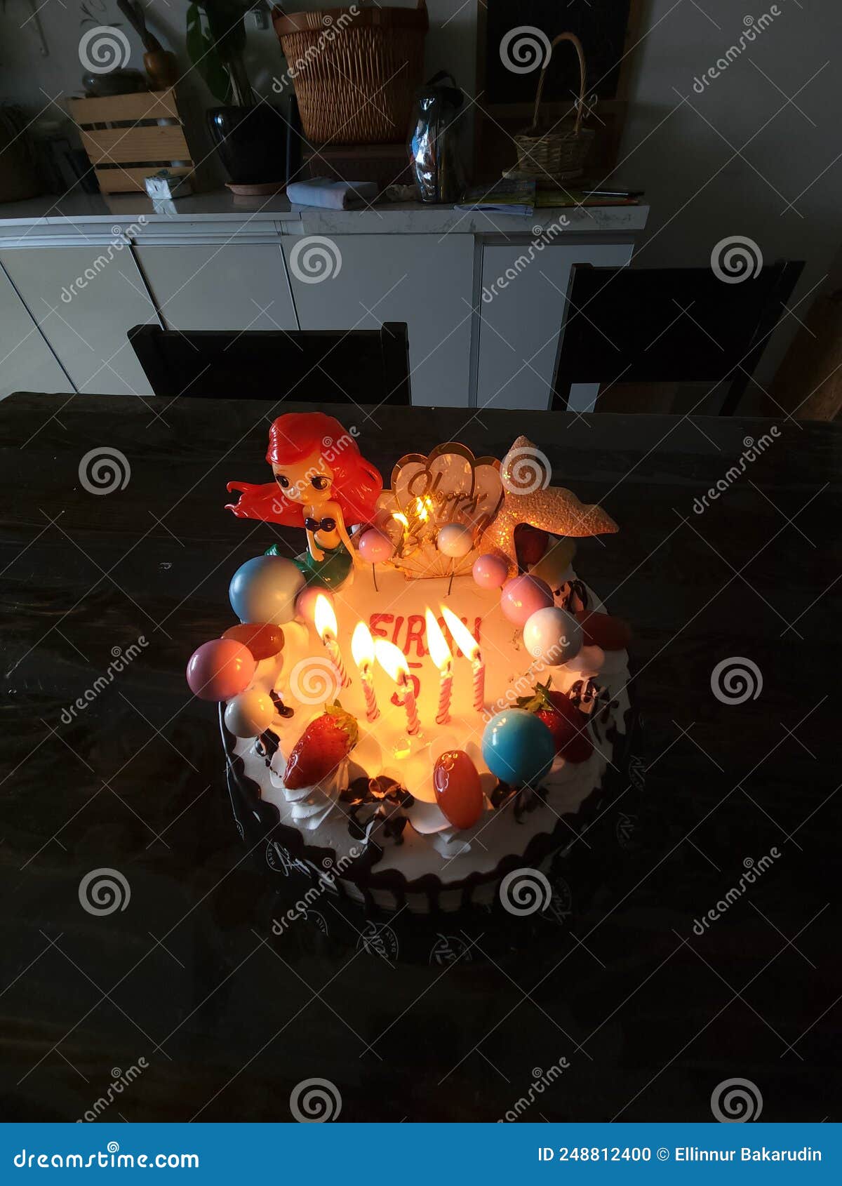 Birthday Cake with Lighted Candles on the Table. Editorial Image