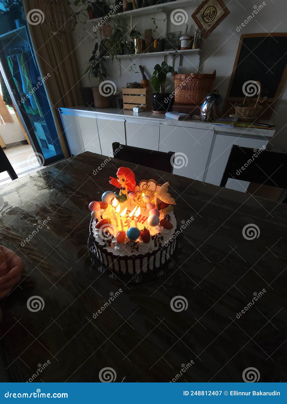Birthday Cake with Lighted Candles on the Table. Editorial Photography