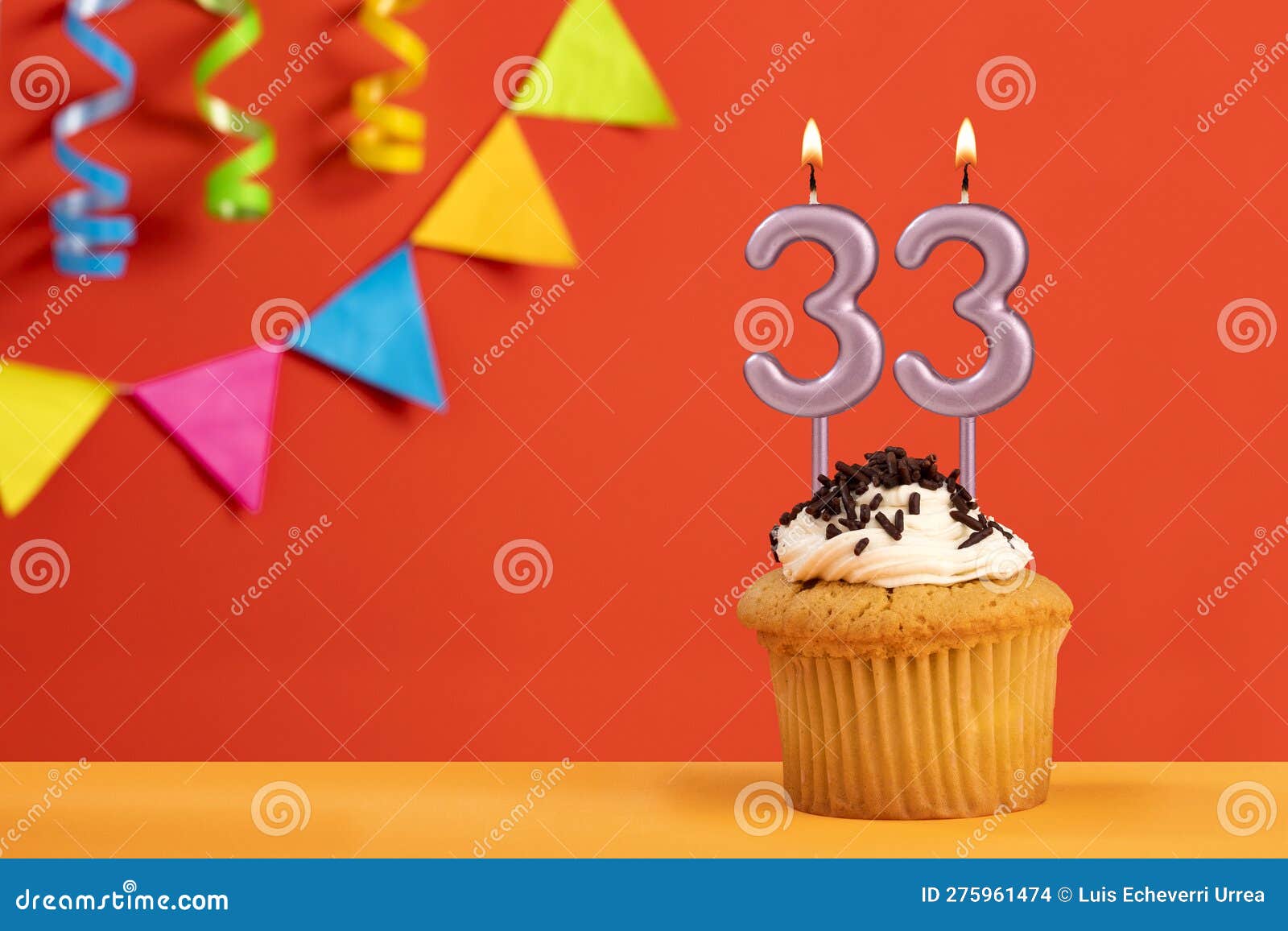 Birthday Cake with Number 33 Candle - Sparkling Orange Background with ...