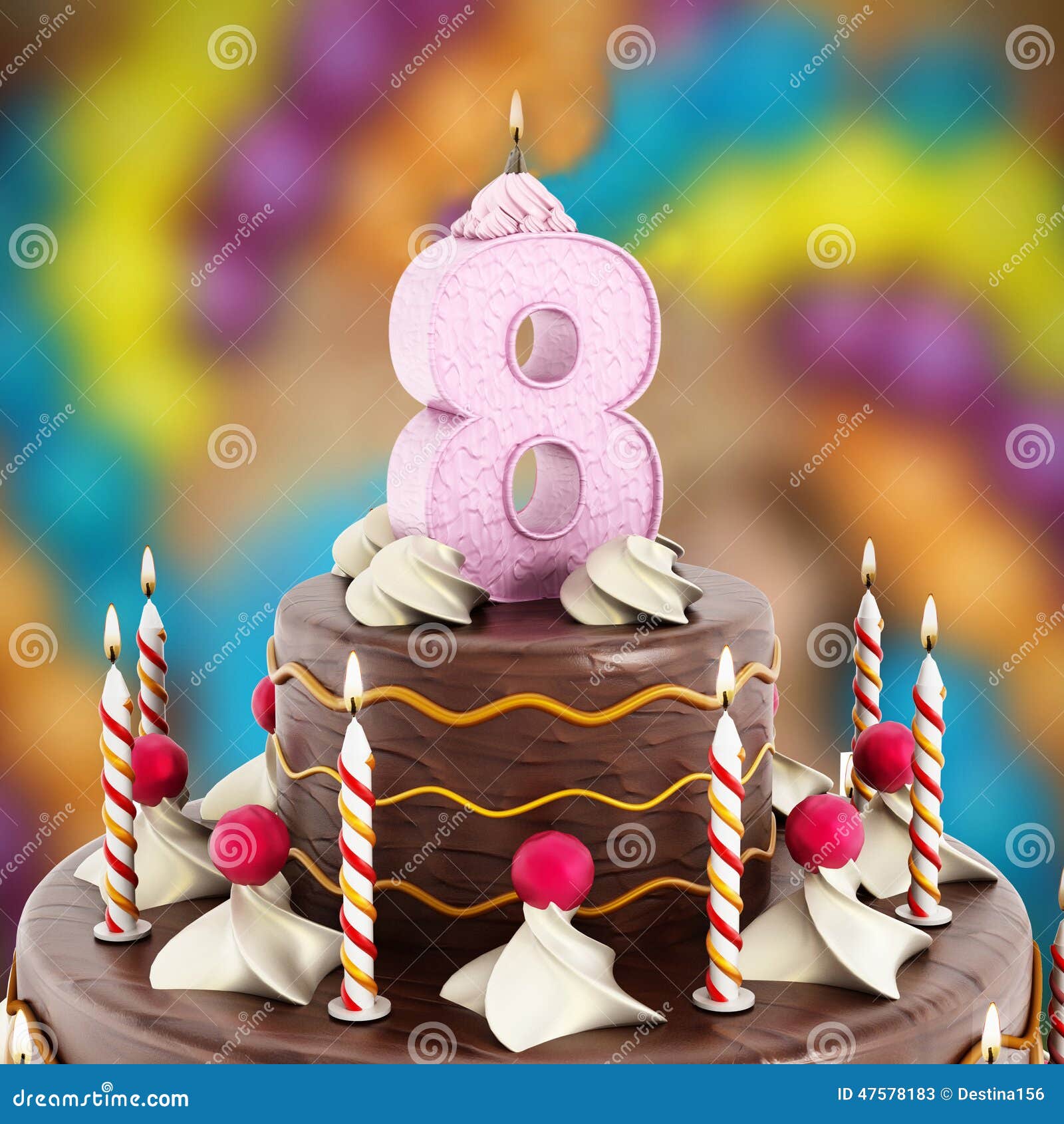 Birthday Cake with Number 8 Lit Candle Stock Image Image of eating