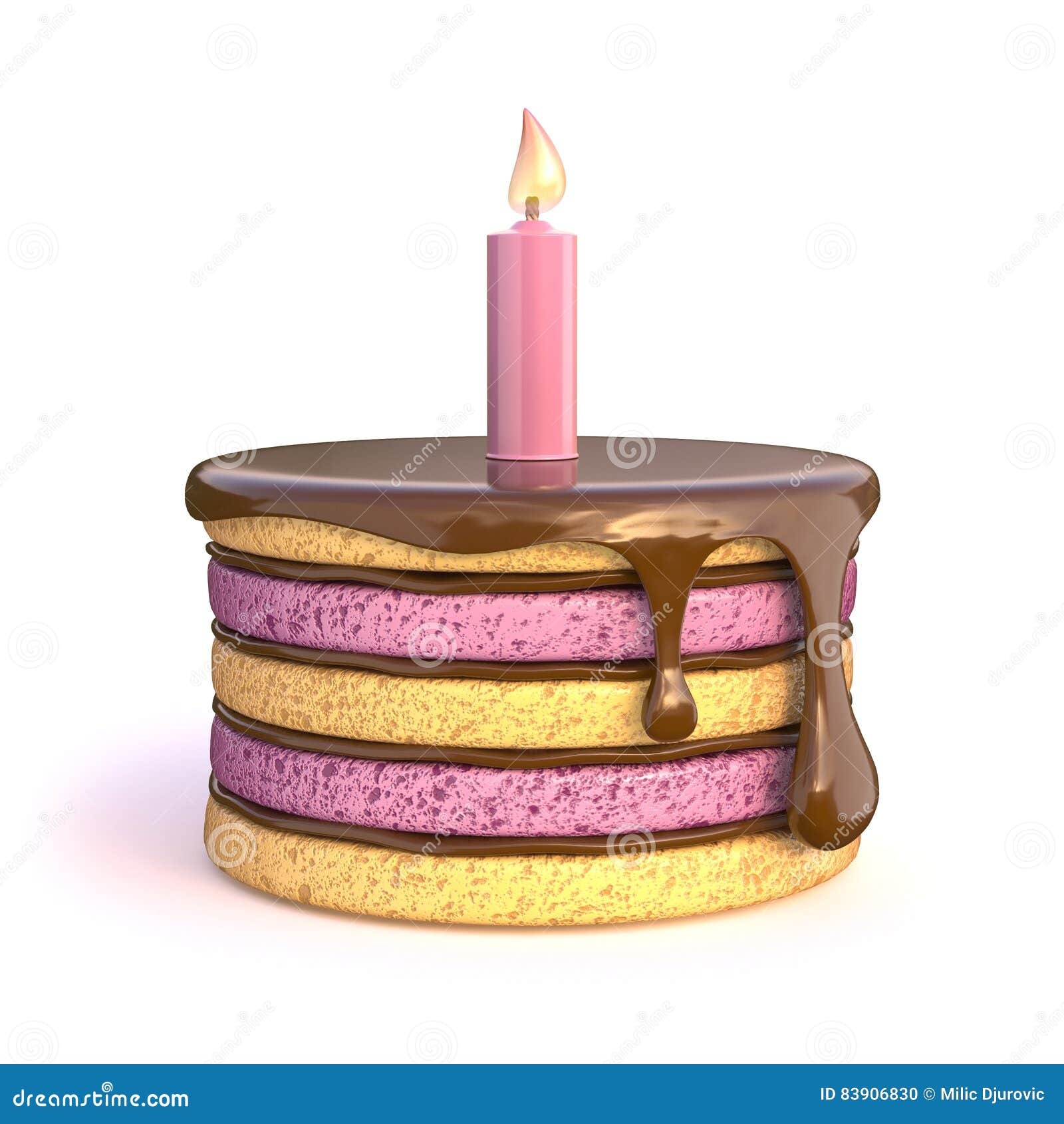Birthday Cake With One Candle. 3D Stock Illustration Illustration of