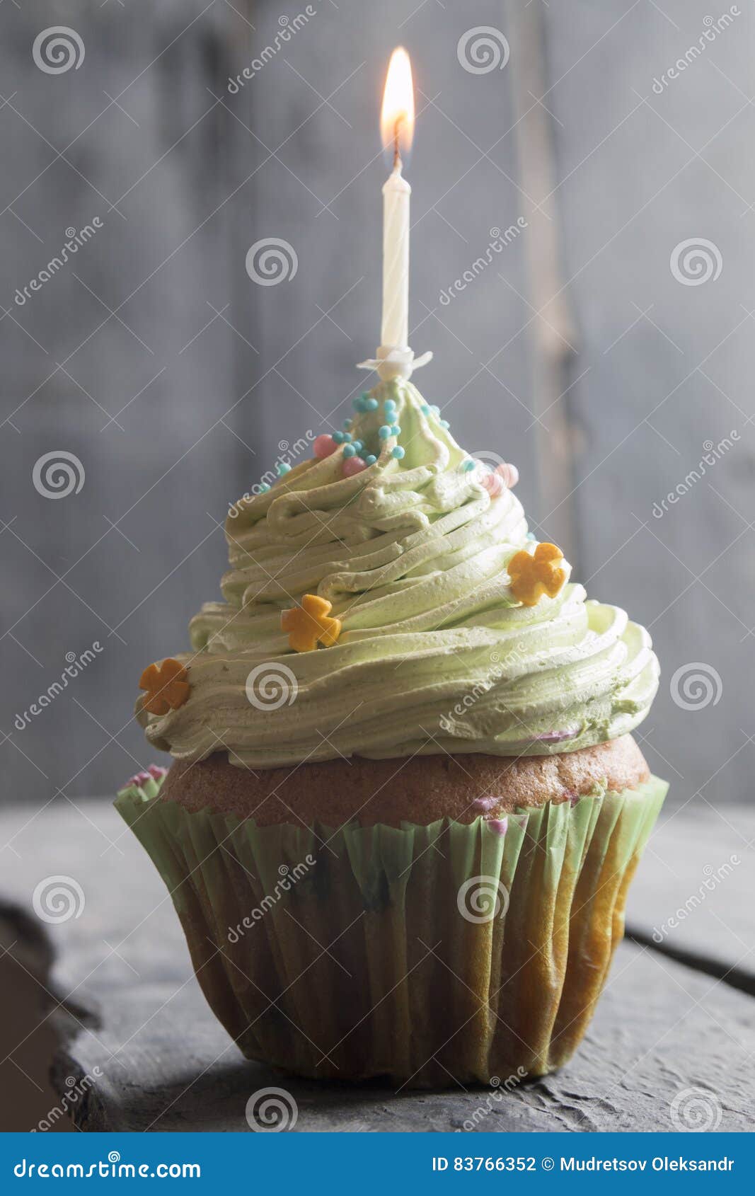 Birthday Cake with One Candle, Vintage Style Stock Photo Image of