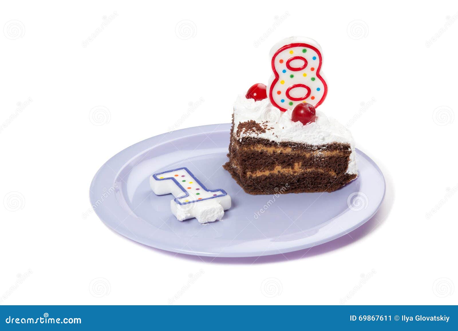 Birthday Cake with Two Candles and Piece of Cake Stock Image Image of