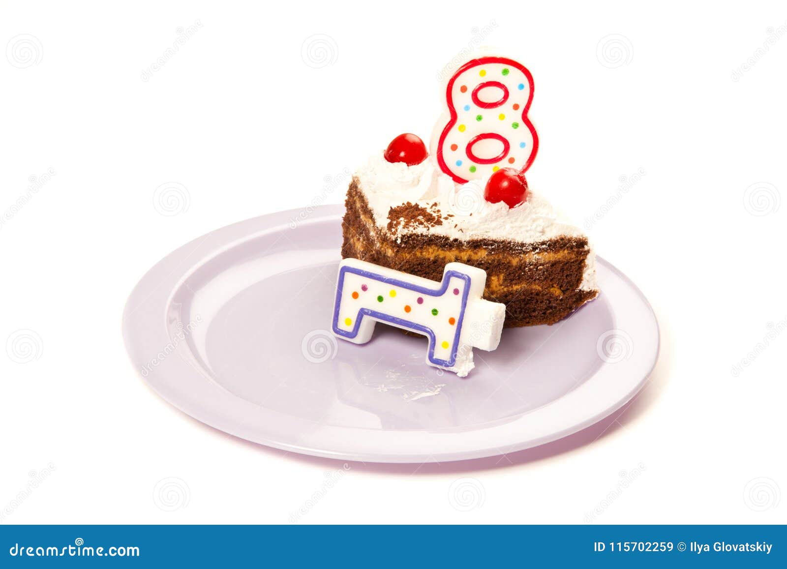 Birthday Cake with Two Candles and Piece of Cake Stock Image Image of