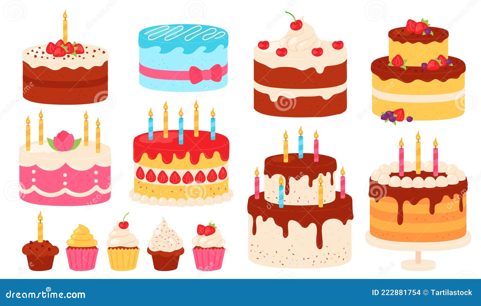 Birthday Cakes. Chocolate and Pink Cake with Cream Icing and Candles. Cartoon Sweet Cupcakes for Party Stock Vector - Illustration of icon, happy: 222881754 Birthday Cakes. Chocolate and Pink Cake with Cream Icing and Candles. Cartoon Sweet Cupcakes for Party Stock Vector - Illustration of icon, happy: 222881754