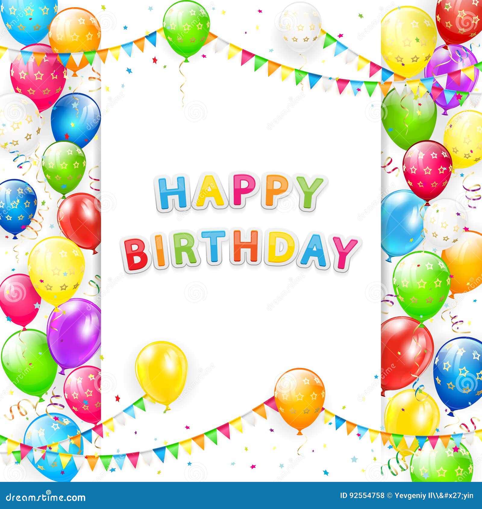 Birthday Card with Balloons and Pennants on White Background Stock ...