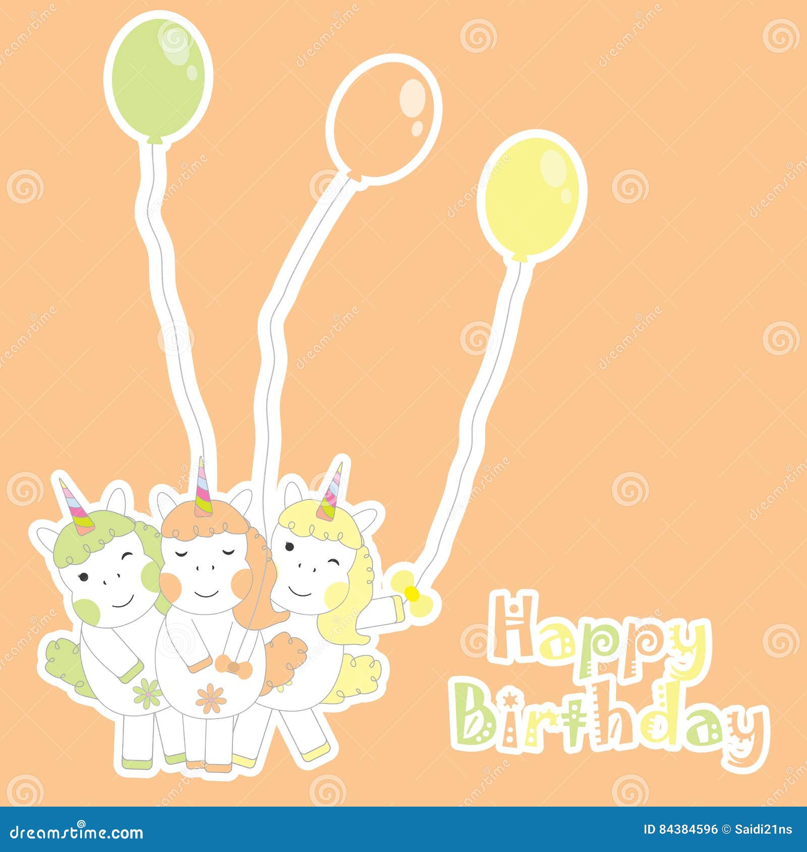 Birthday Card With Cute Three Unicorn Girls Bring Balloons For Kid