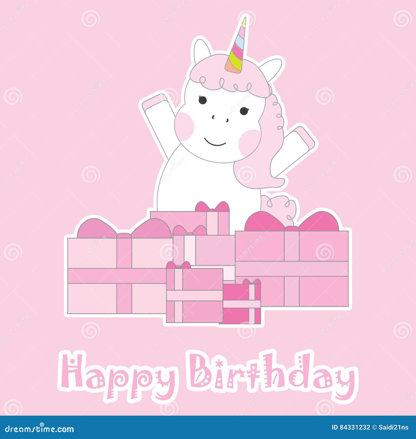 Birthday Card With Cute Unicorn Girl With Birthday Gifts On Pink