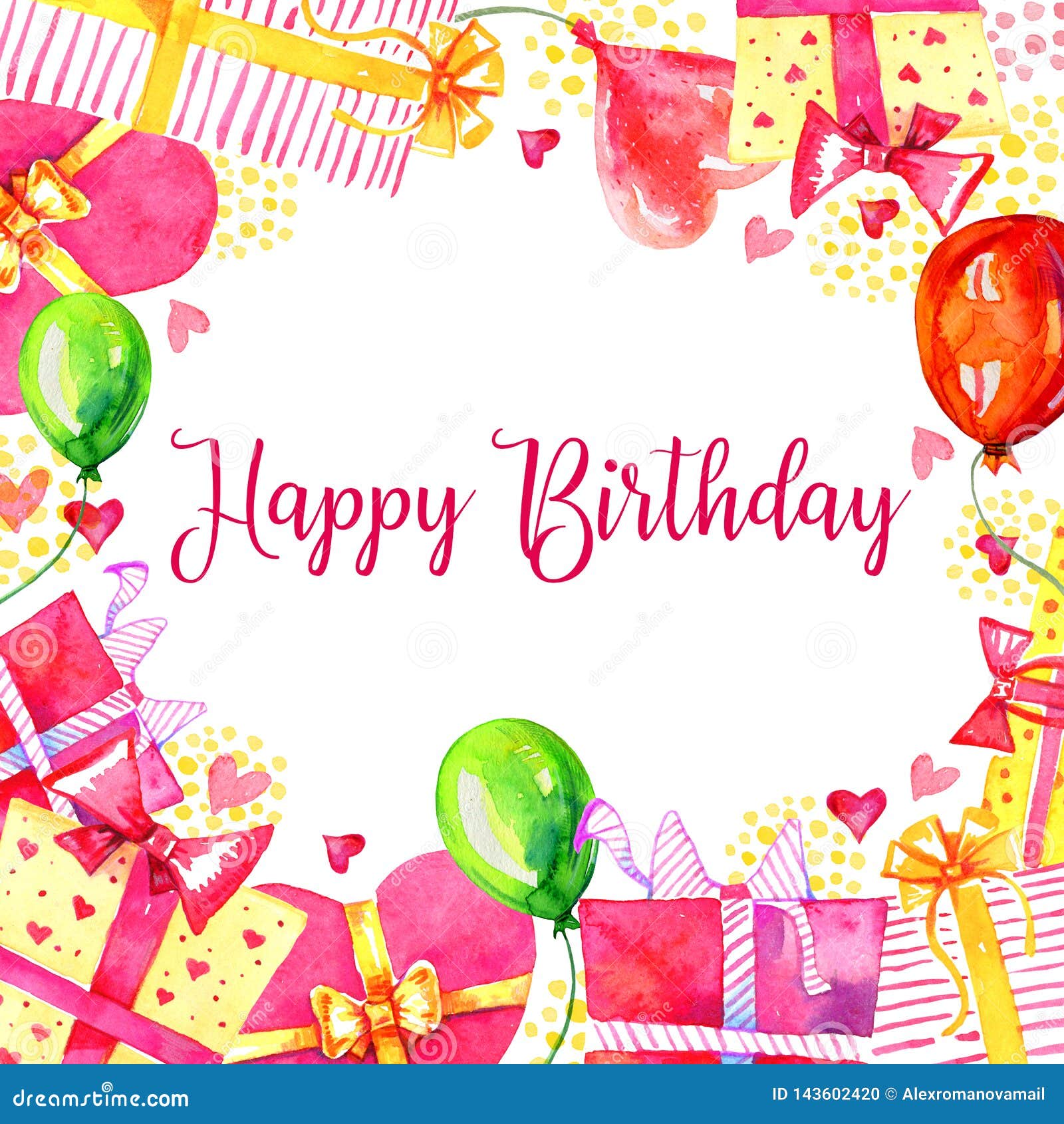 Birthday Card Design Template with Gift Boxes and Decorations Frame ...