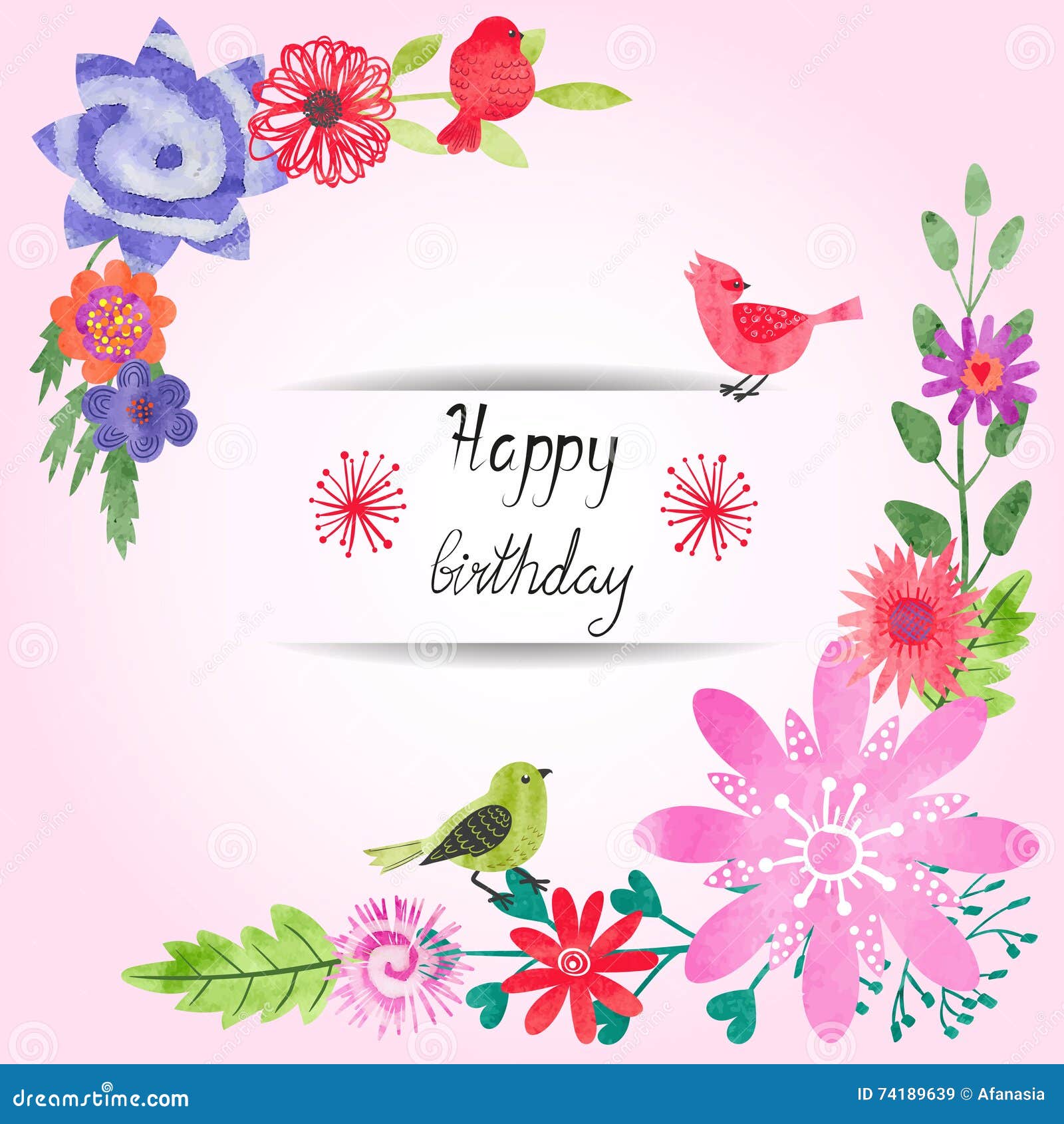 Birthday Card Design with Watercolor Flowers and Cute Birds Stock ...