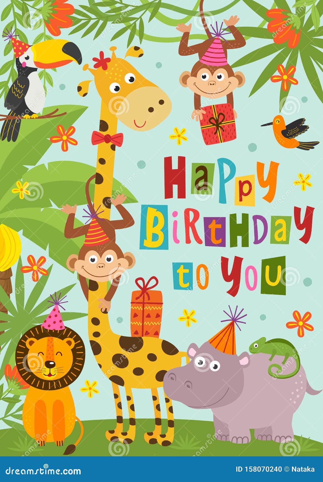 Download Birthday Card With Funny Jungle Animals Stock Vector ...
