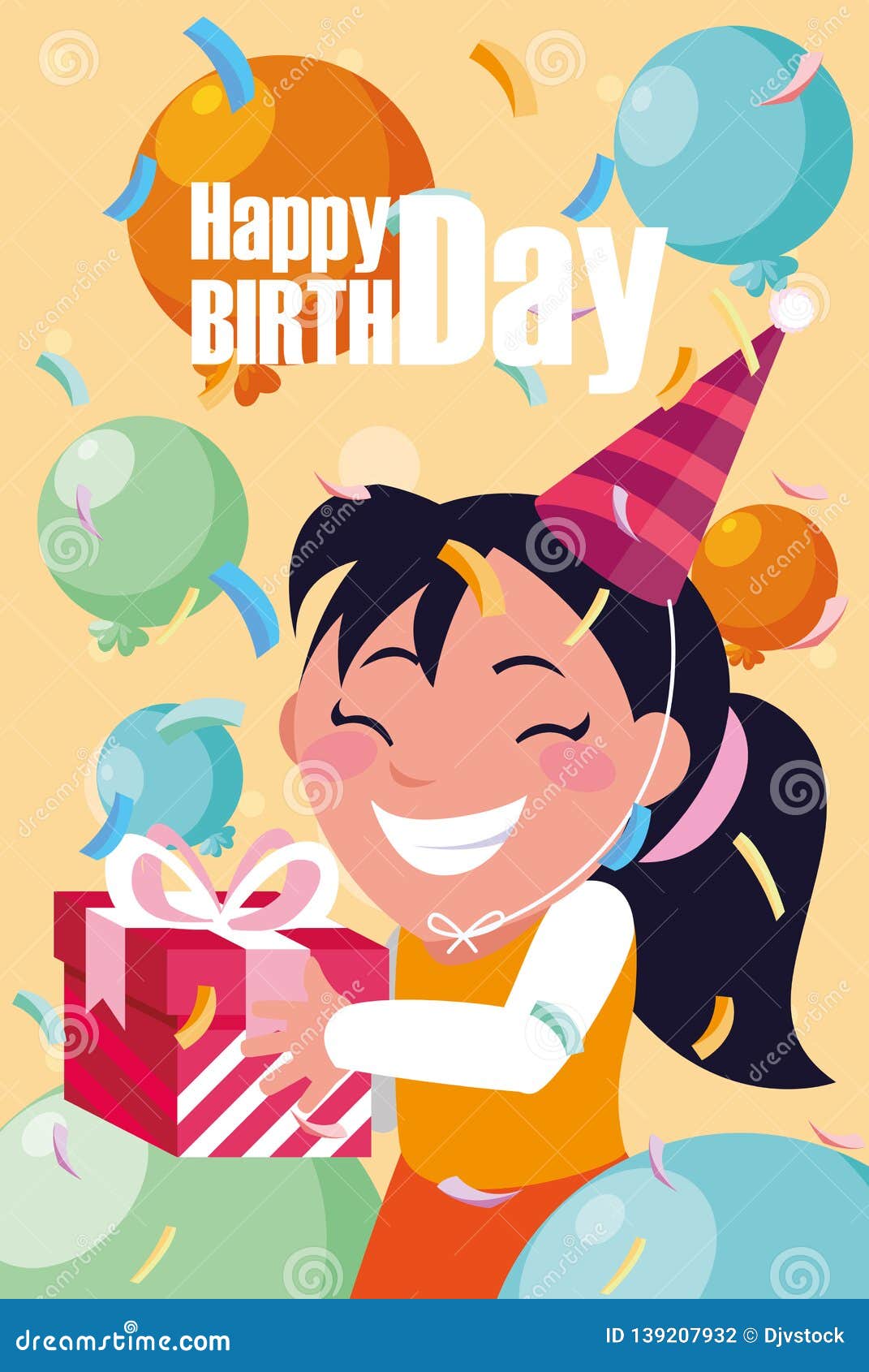Birthday Card with Little Girl Celebrating Stock Vector - Illustration ...