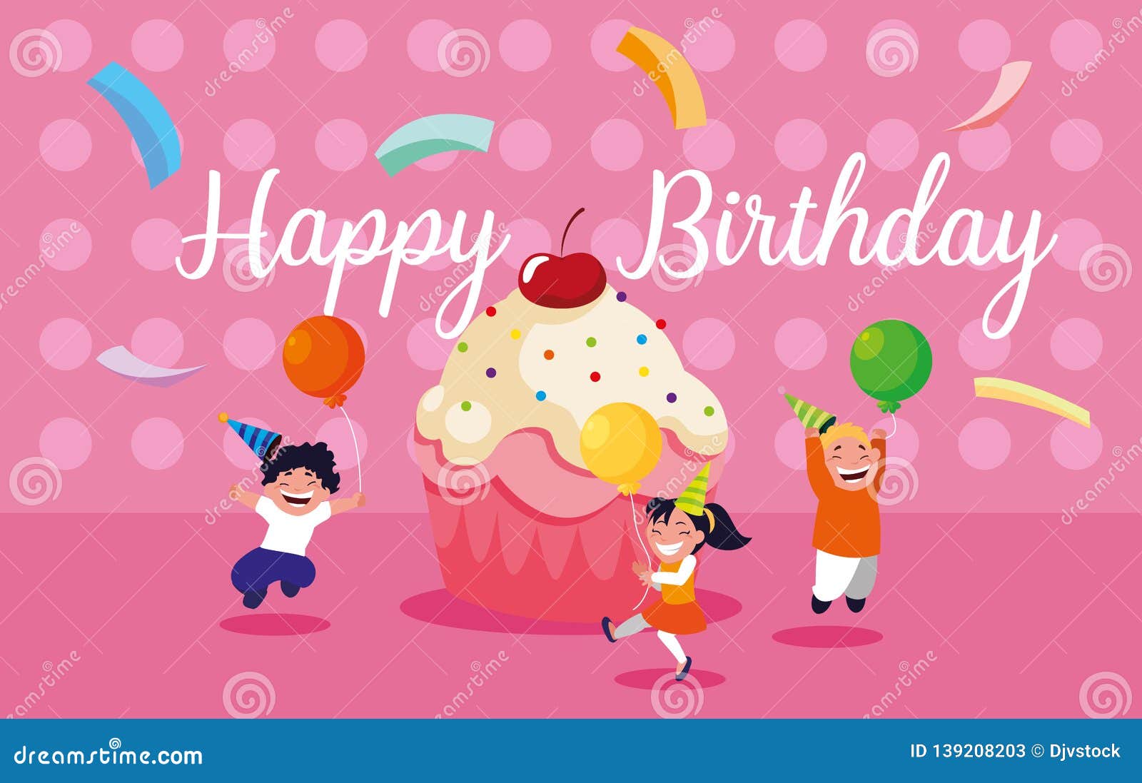 Birthday Card with Little Kids Celebrating Stock Vector - Illustration ...