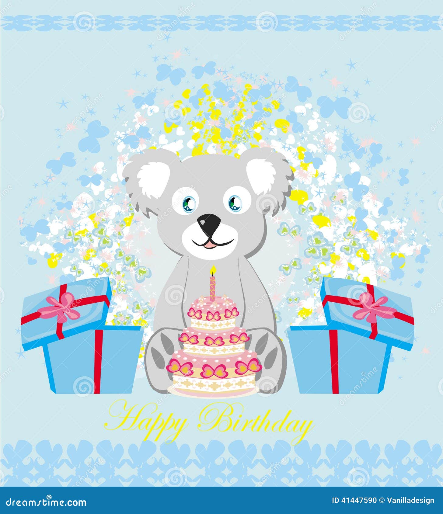 Birthday Card, Sweet Teddy Bear Holding a Birthday Cake Stock Vector ...