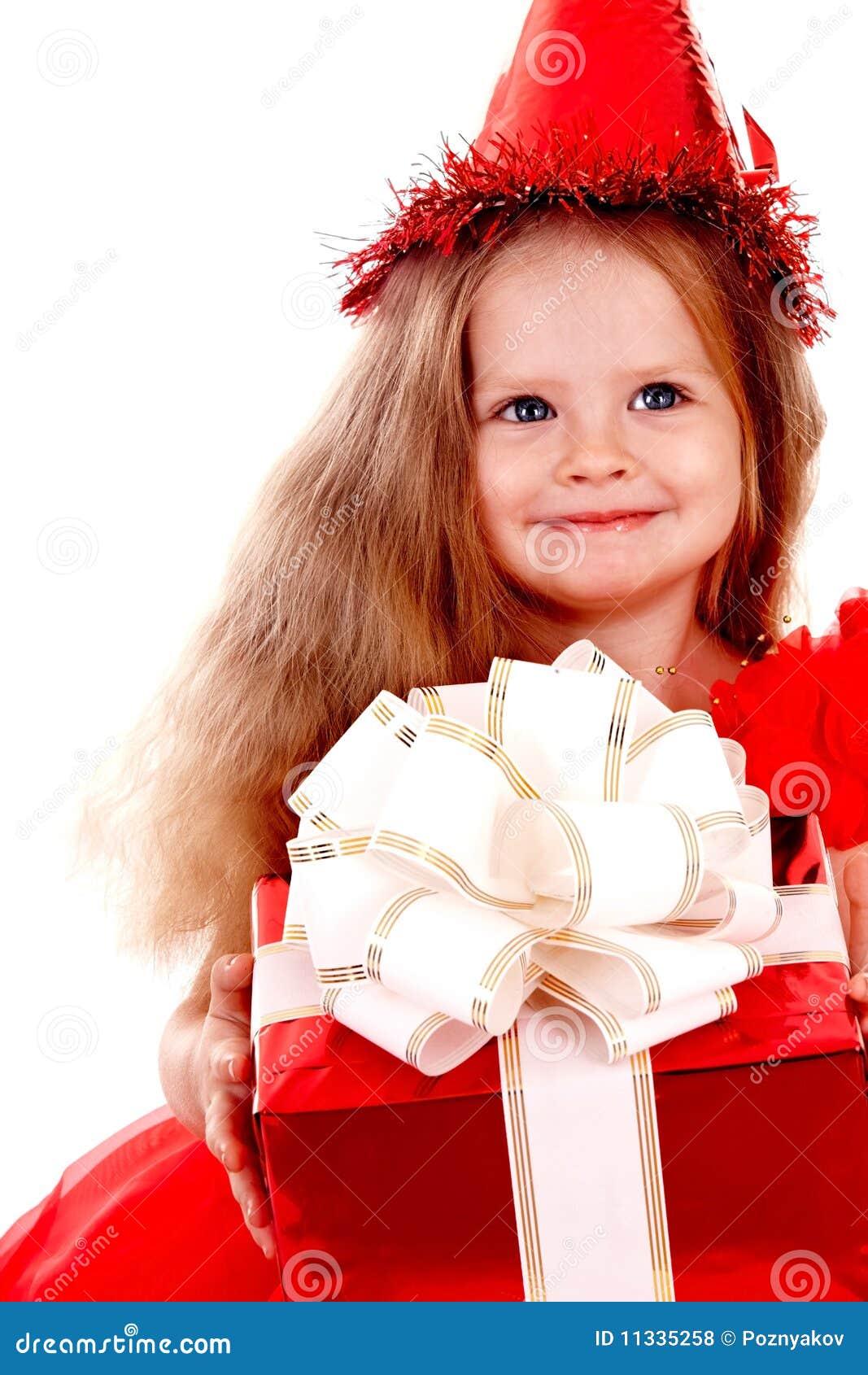 Birthday Child in Red Dress with Gift Box. Stock Photo Image of party