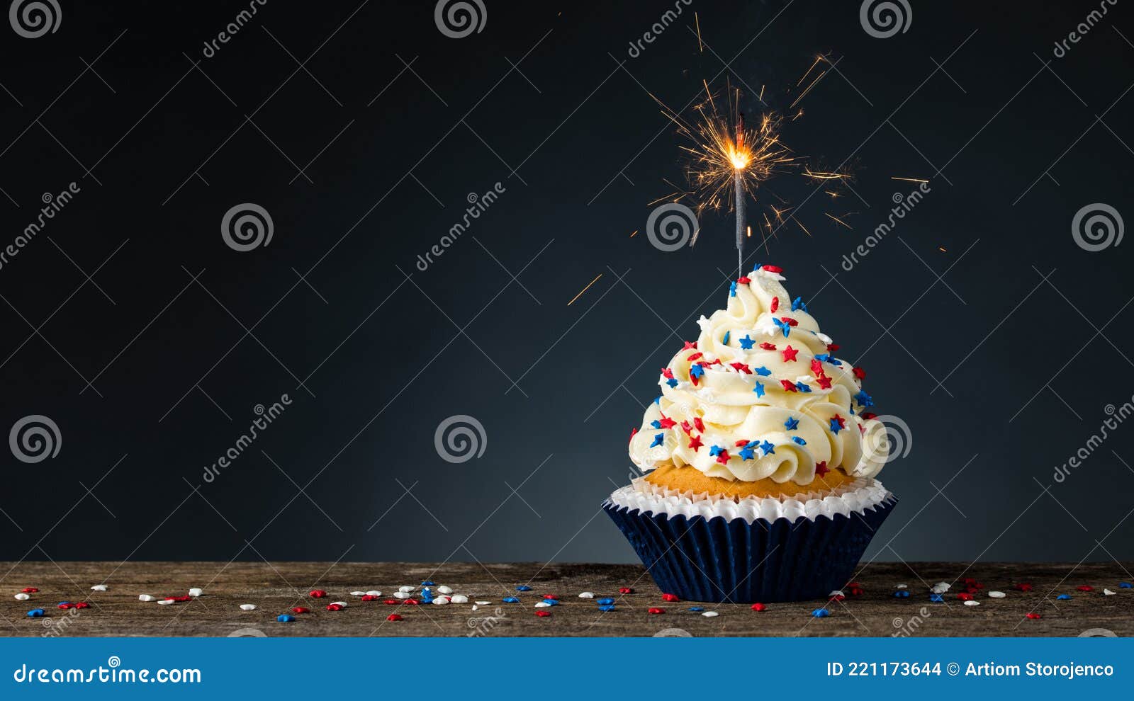 birthday cupcake american style. sparkler light burning in a cake. 4th of july, independence, memorial or presidents day. tasty cu