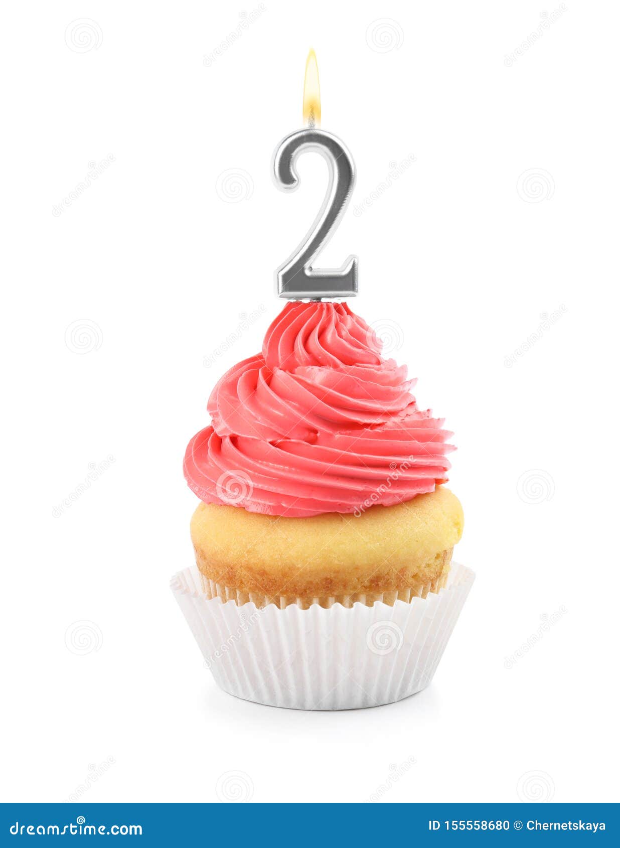 Birthday Cupcake with Number Two Candle on White Stock Photo - Image of ...