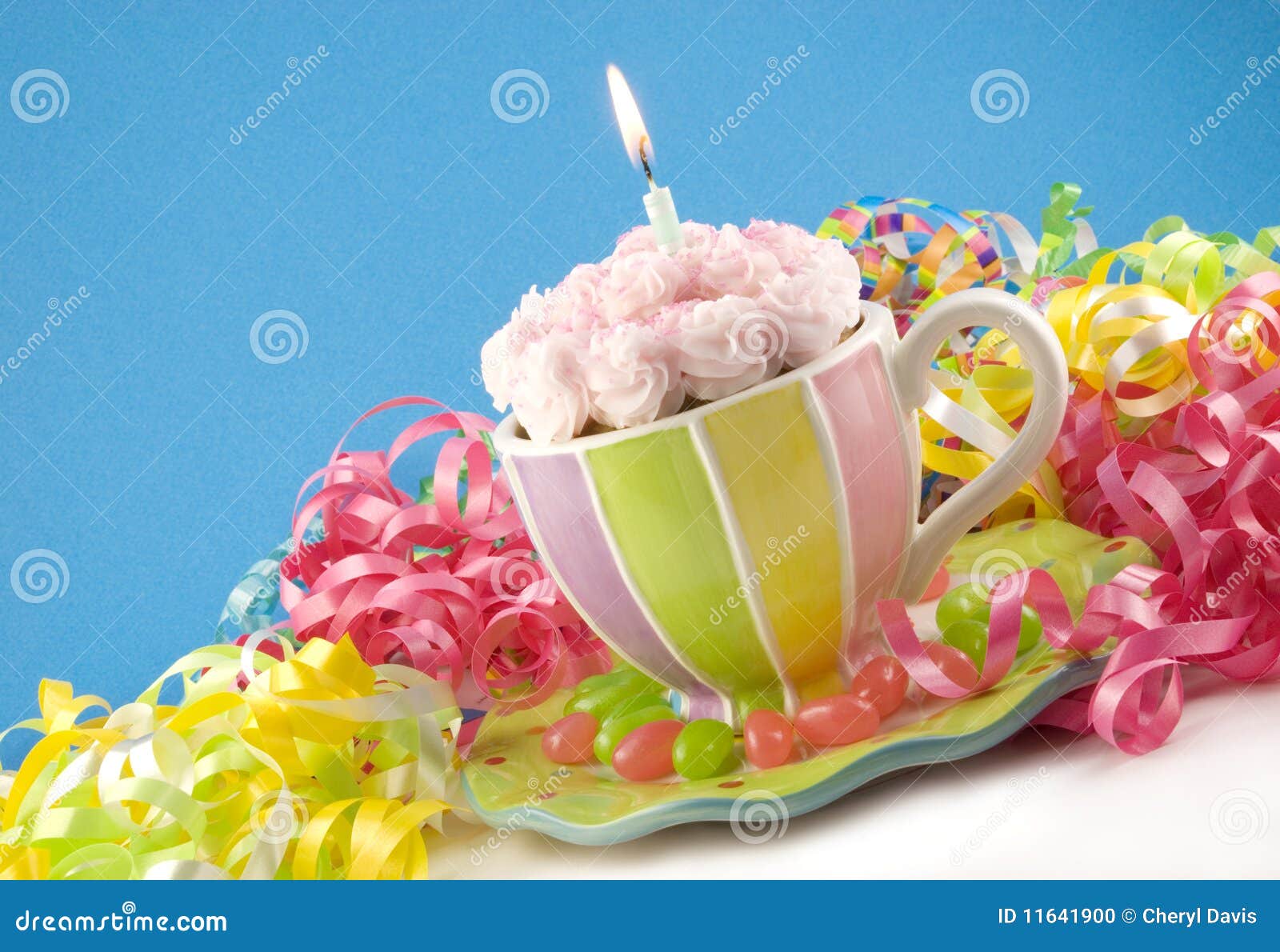 Birthday Cupcake in Teacup with Lit Candle Stock Photo Image of candle, flame 11641900