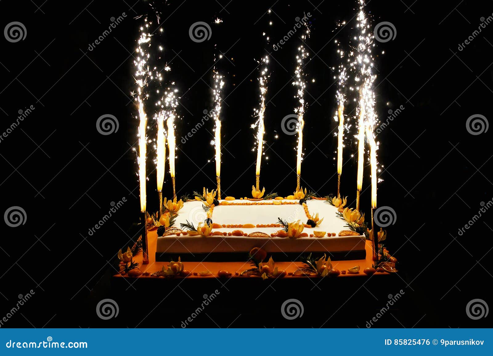 Birthday Fruit Cake with Fireworks Candles Stock Photo Image of