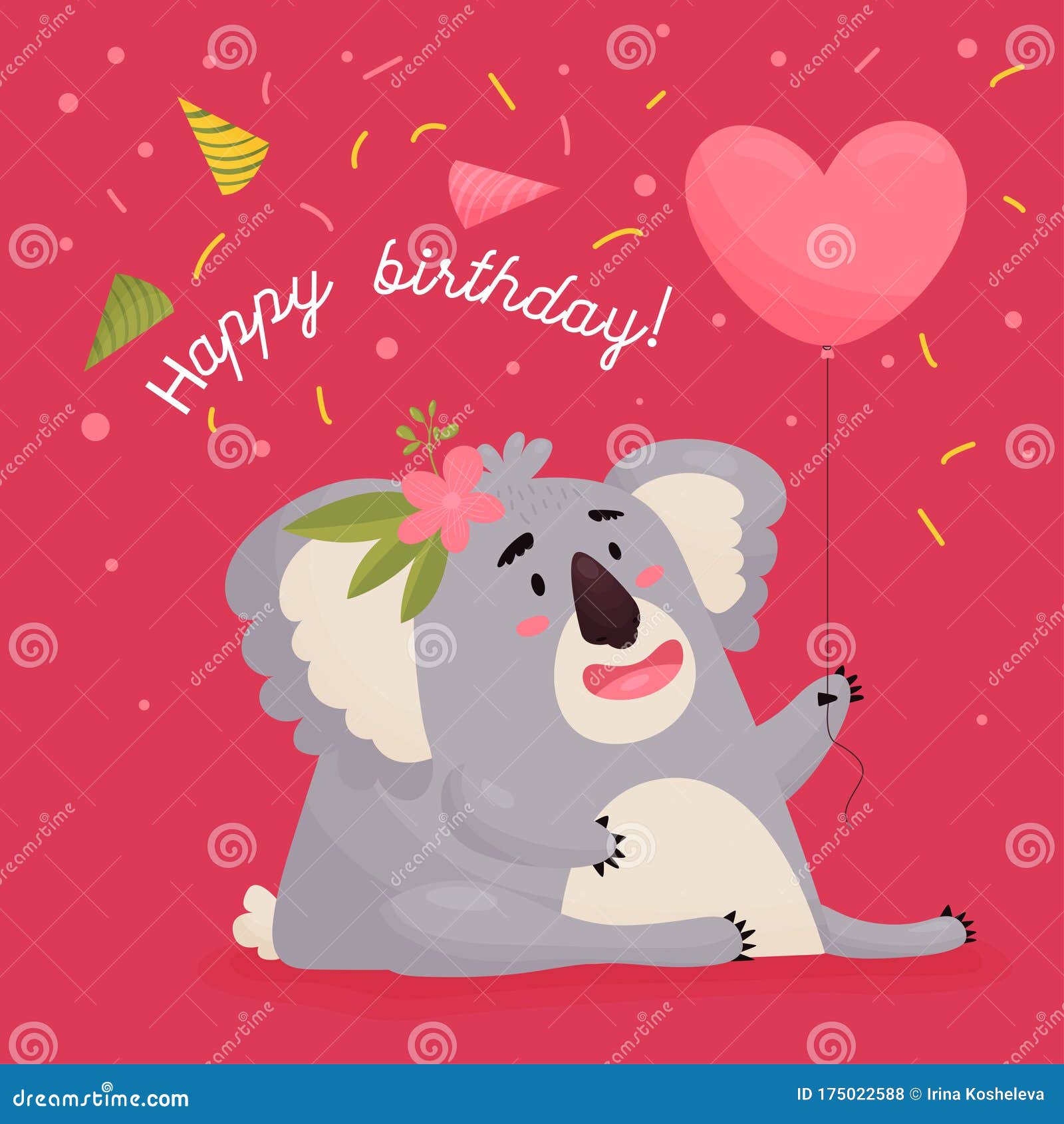 Birthday Greeting Card. Cute Happy Animal Koala with a Pink Balloon in ...