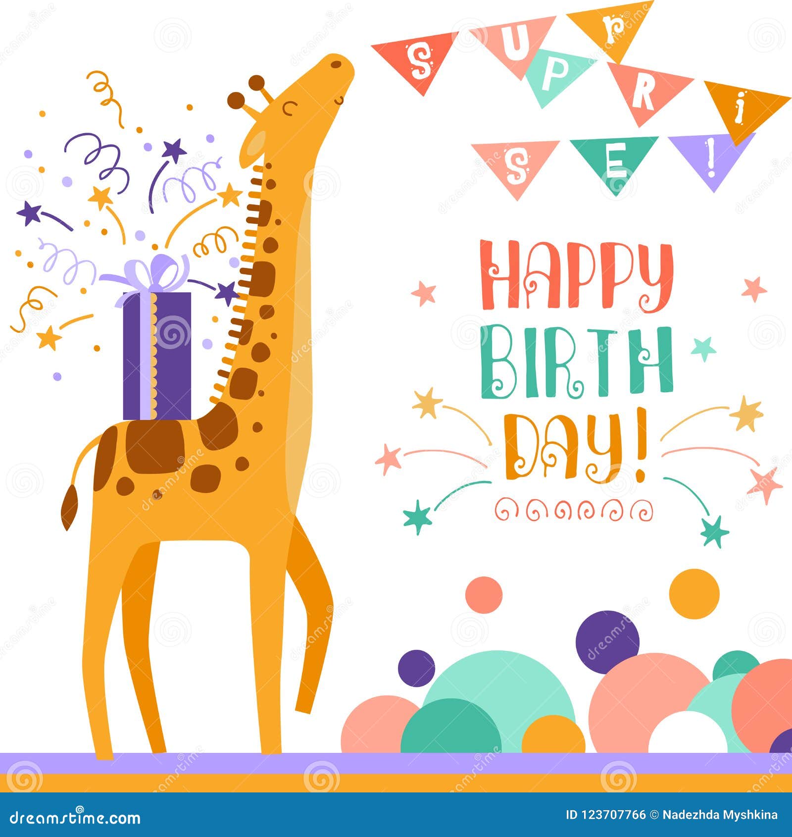 Birthday Greeting Card with Giraffe. Doodle Vector Illustration Stock ...