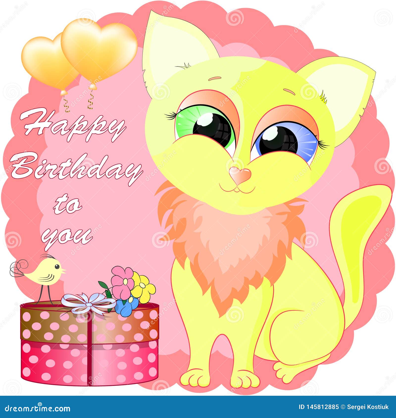 Download Birthday Greeting Card With Yellow Little Cat. Stock ...