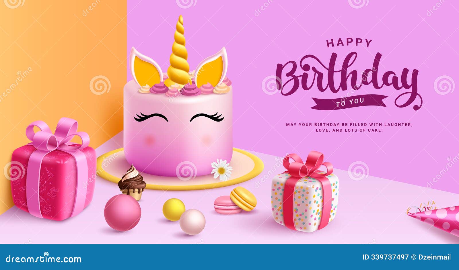 birthday greeting  . happy birthday greeting text with cute unicorn cake theme and gift boxes s