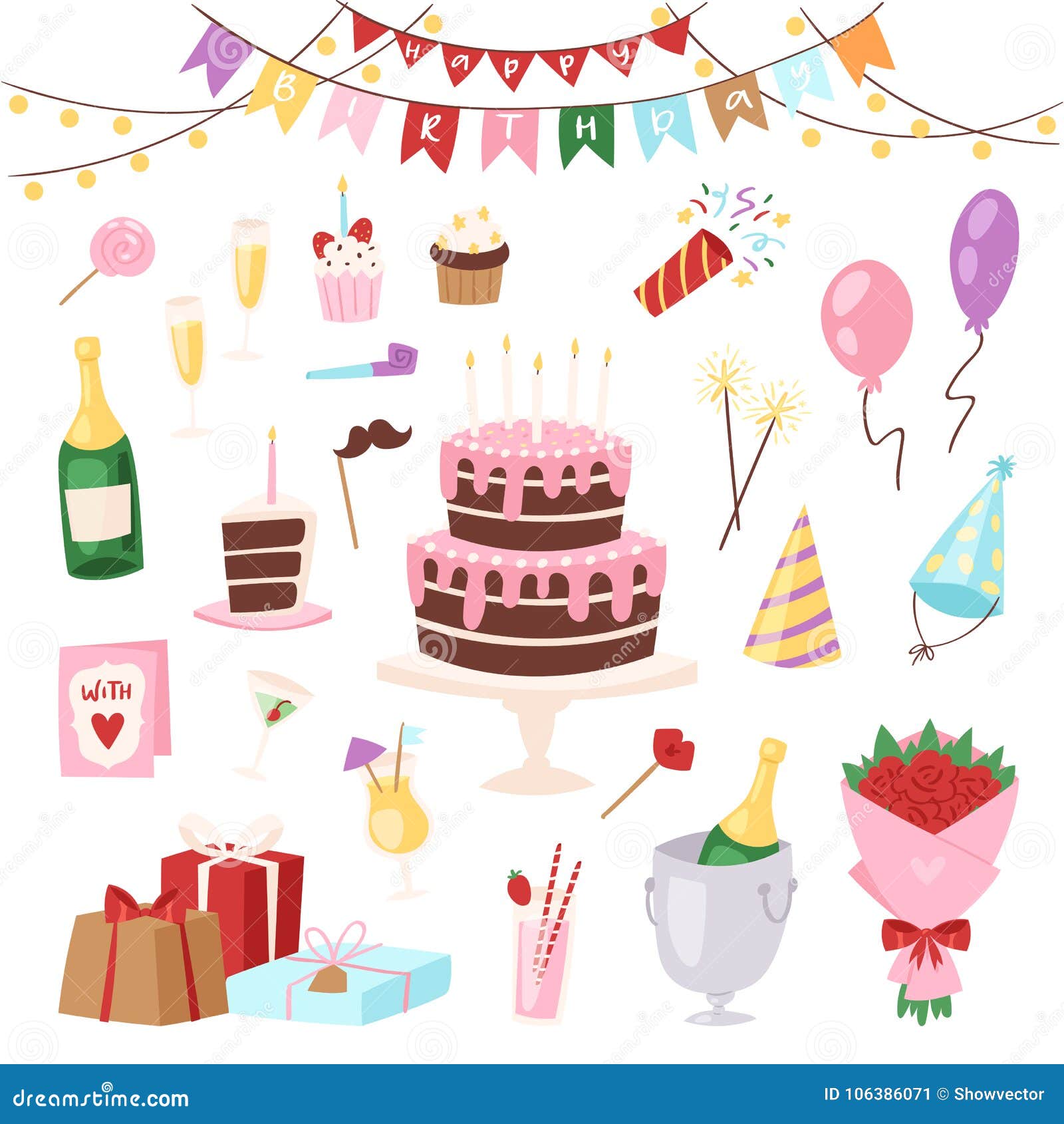Birthday Kids Party Vector Cartoon Childs Happy Birth Cake or Cupcake  Celebration with Gifts and Happy Birthday Balloons Stock Vector -  Illustration of card, food: 106386071