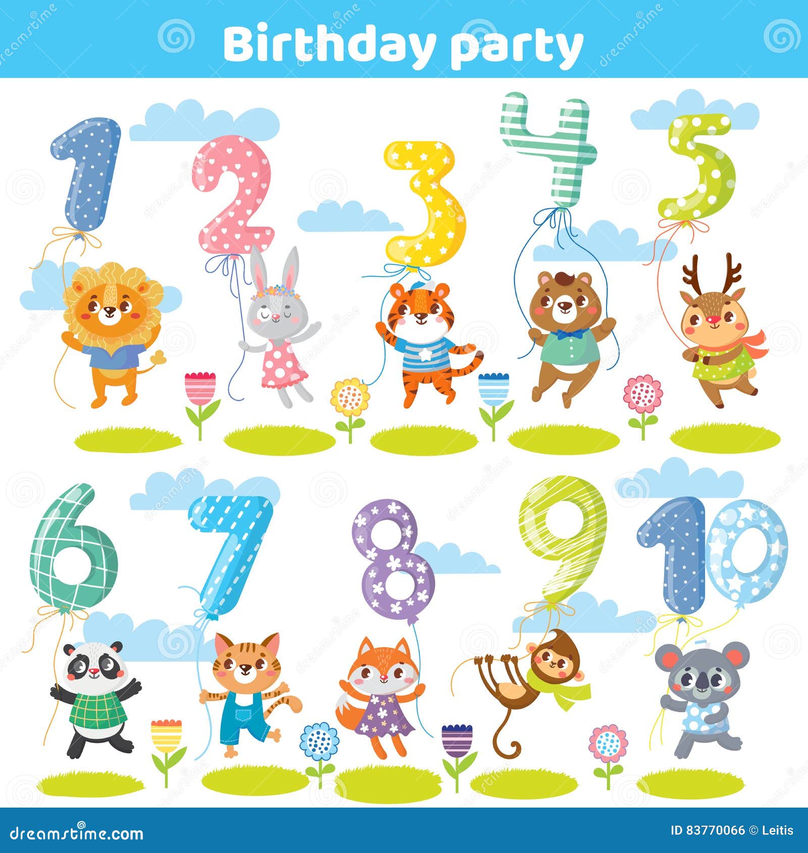 Birthday numbers with funny animals for invitation card. Vector illustration