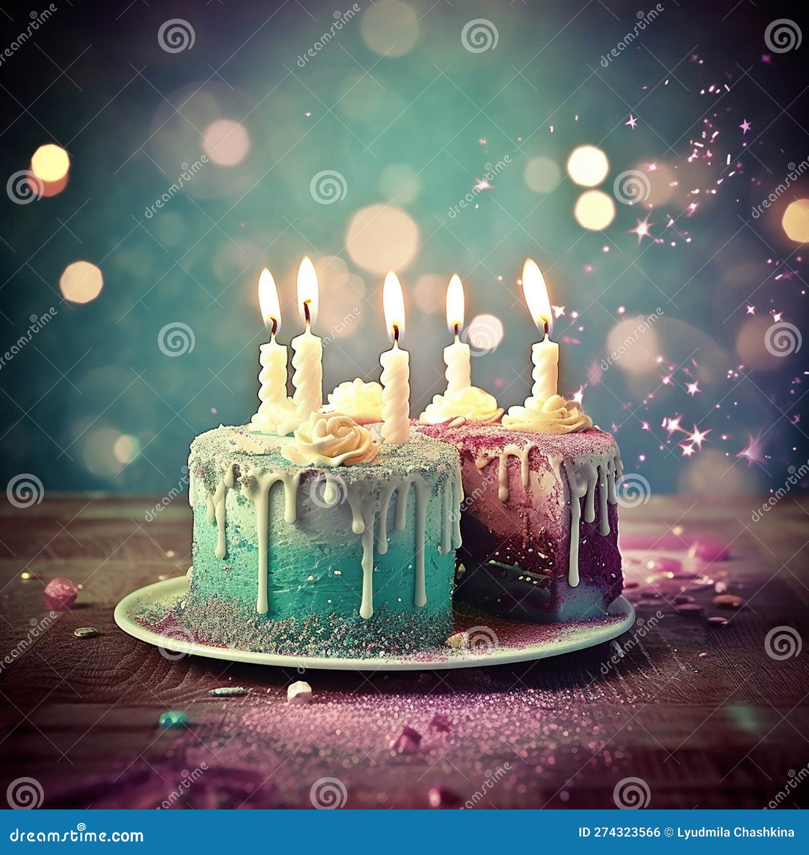 Birthday Party Cake with Candles Greeting Card Stock Illustration