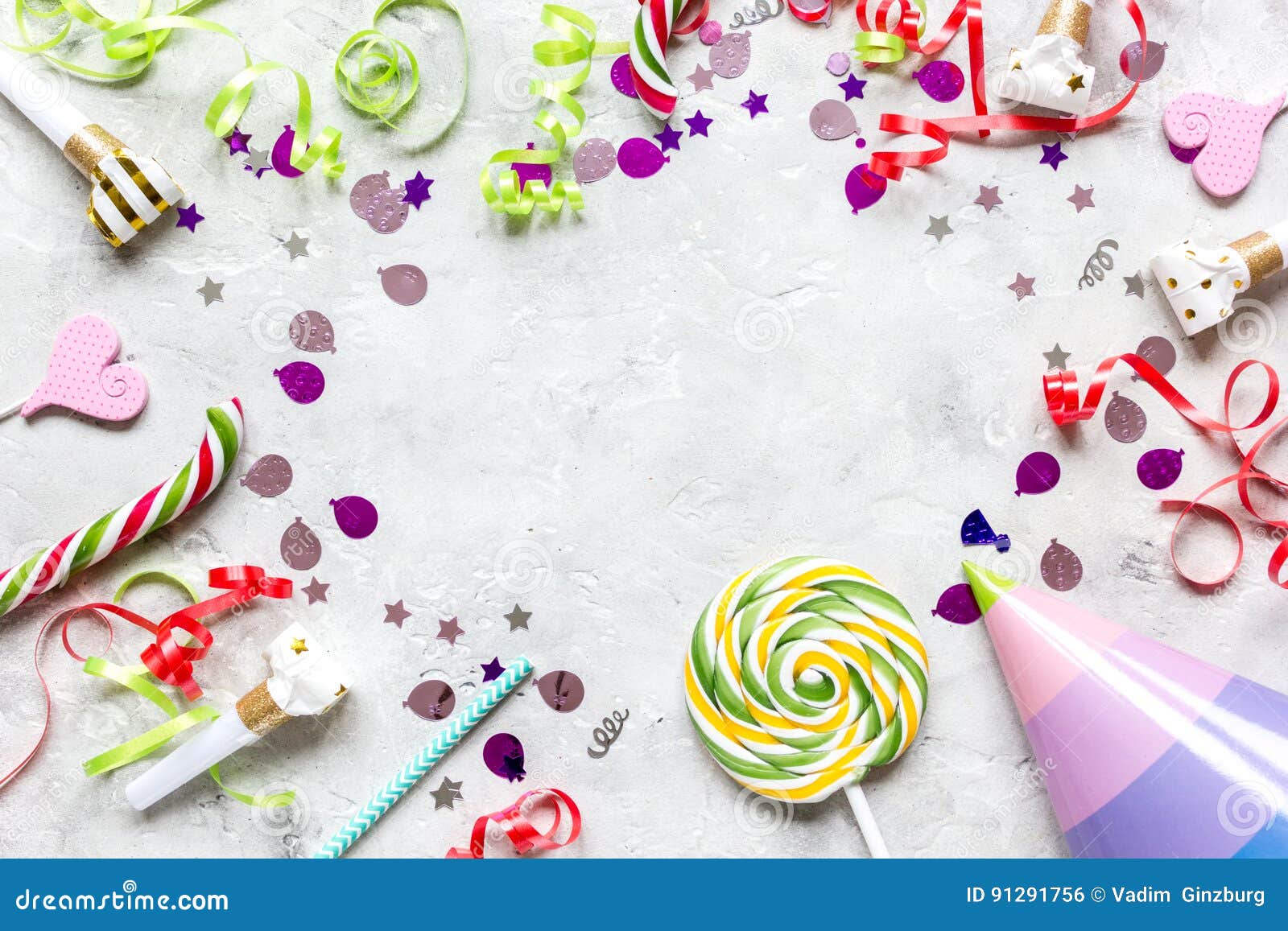 Download Birthday Party Frame With Hat For Mock-up On Stone Background Top View Stock Photo - Image of ...