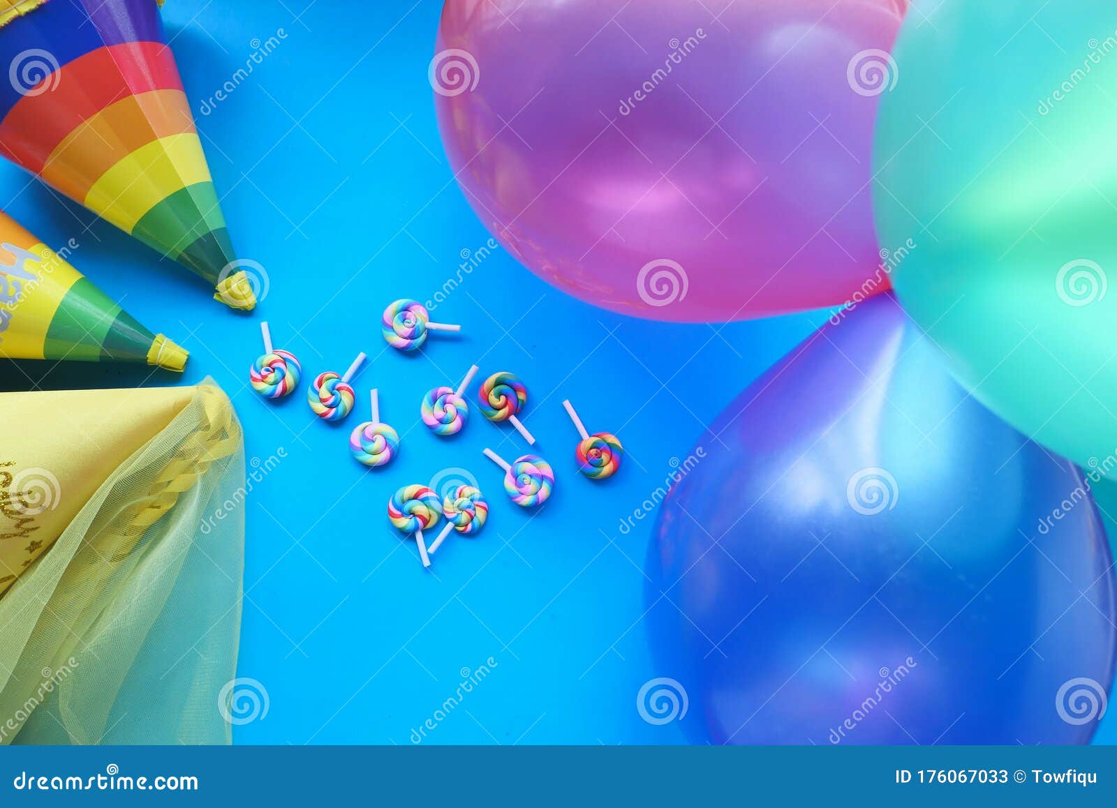 Birthday Hat and Ballon on Color Background Image - Image of 176067033