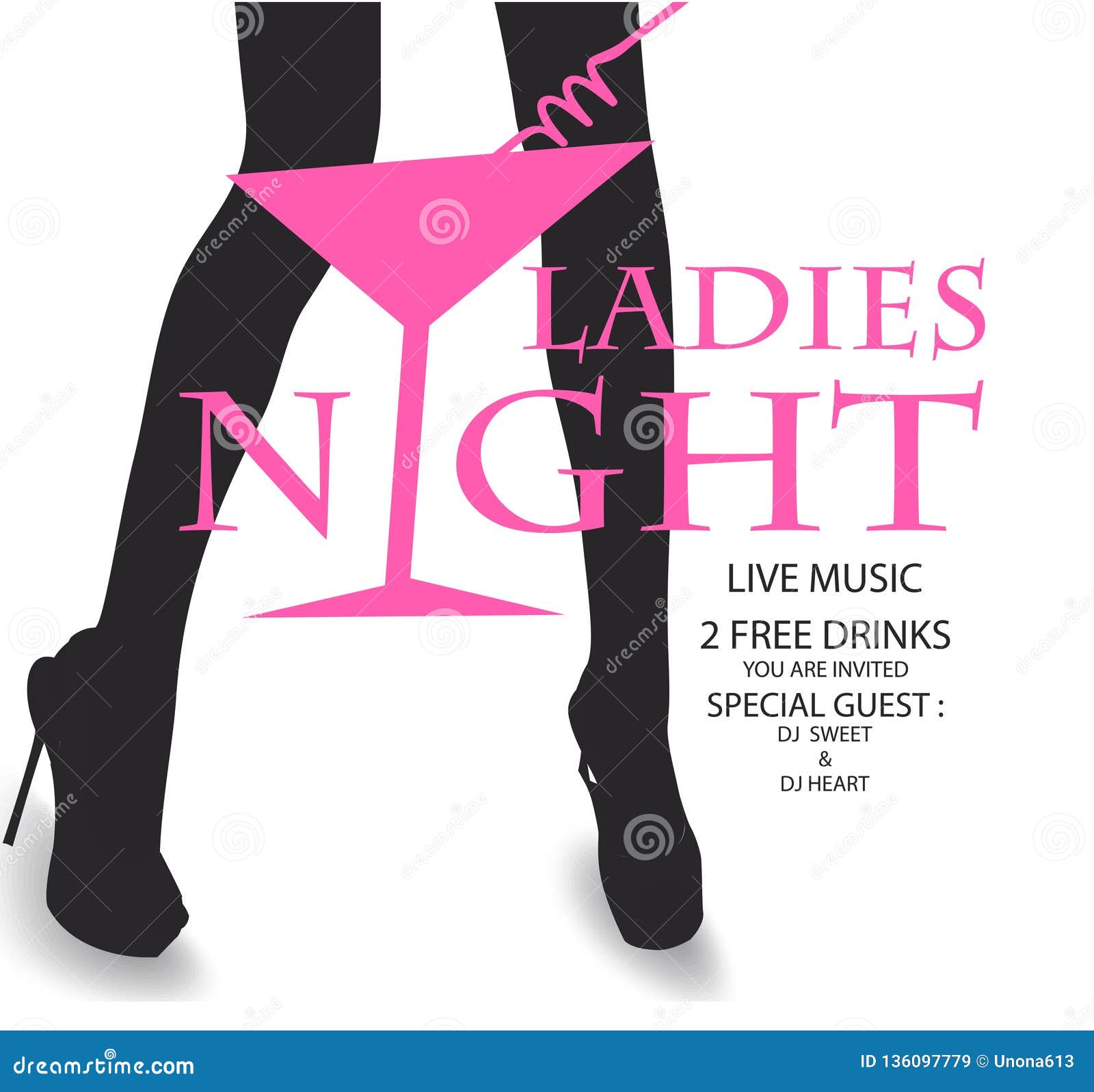 Ladies Night Party Invitation Card with Woman`s Legs and Cocktail Glass ...