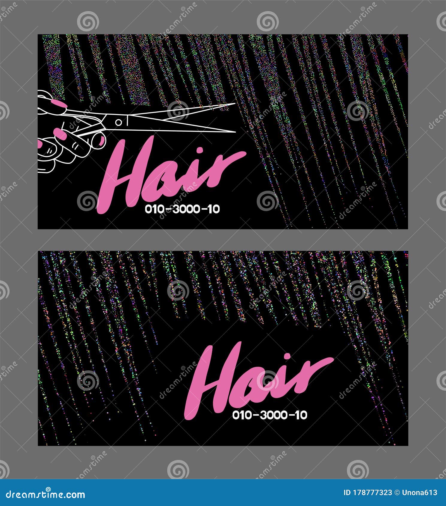 hair stylist busines cards with multicolor made from dots hair.