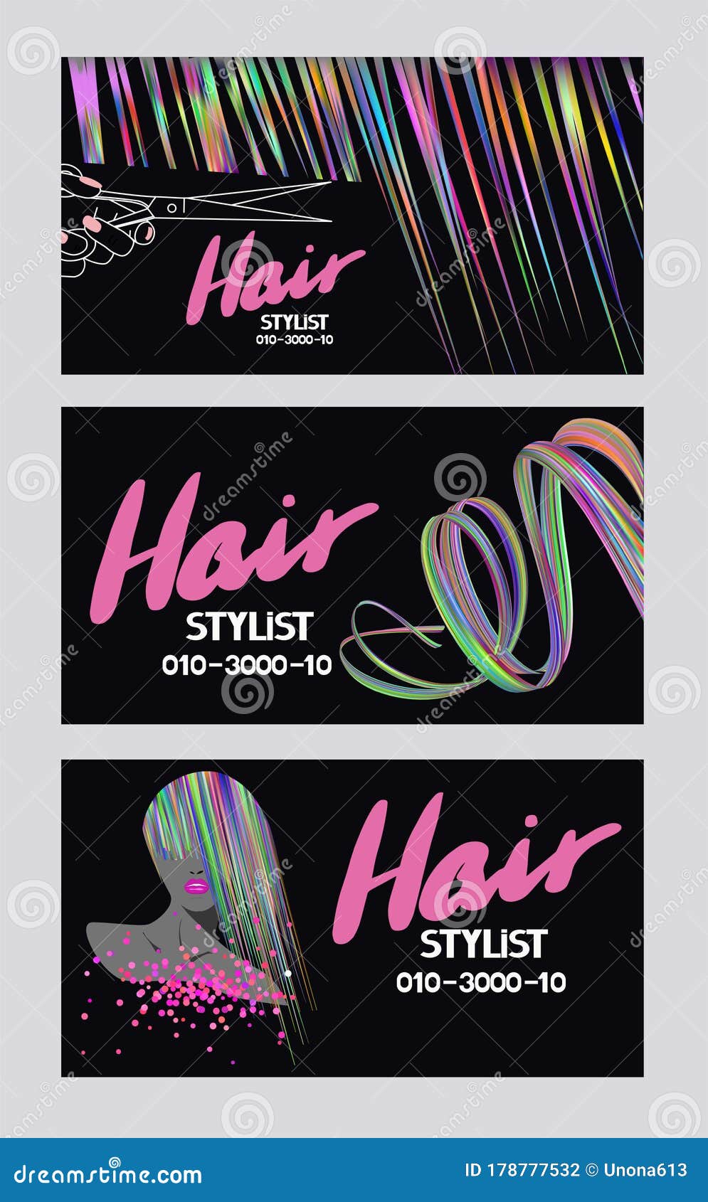 hair stylist busines cards with multicolor abstract hair.