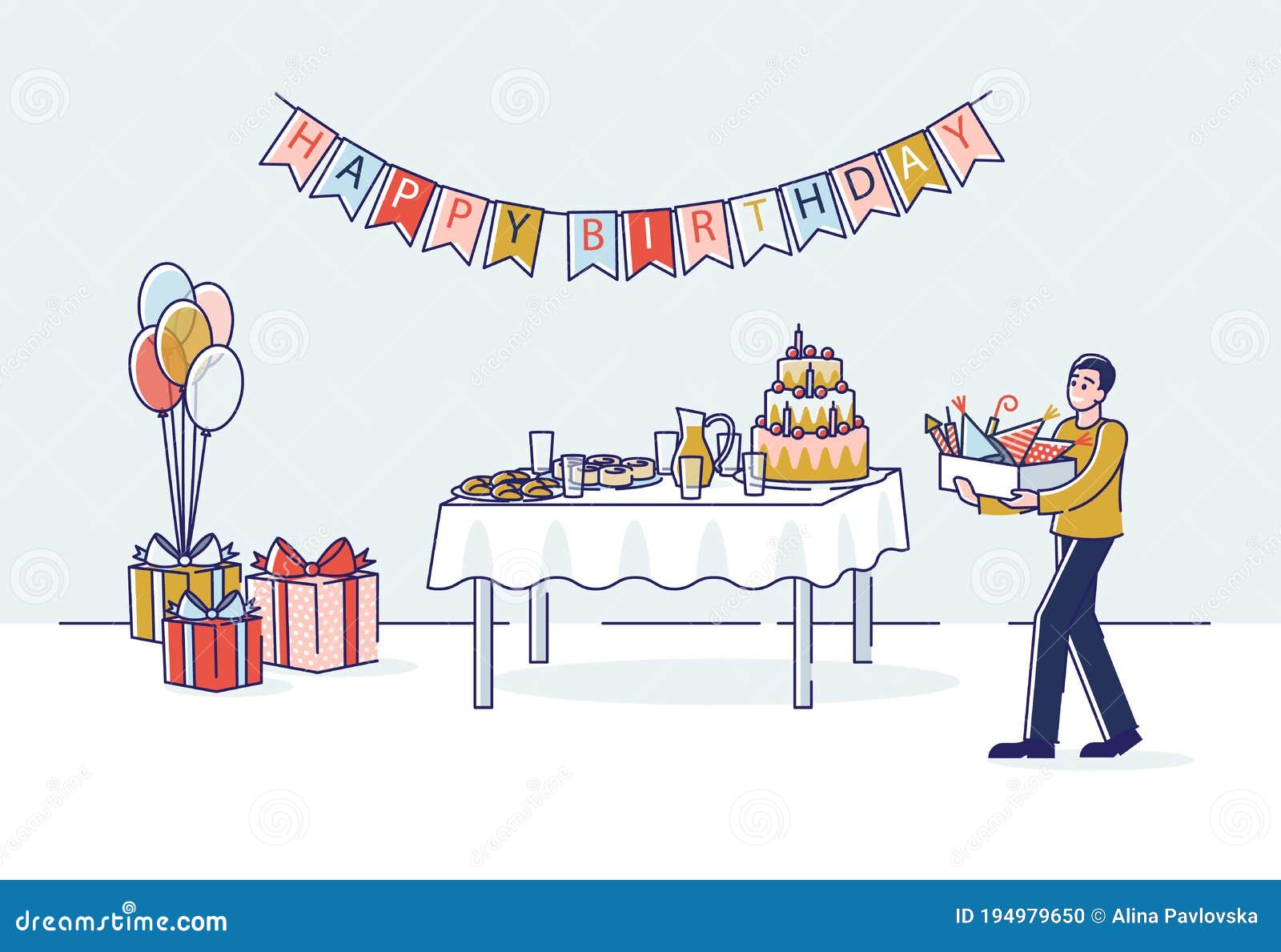 Birthday Party Preparation with Cartoon Man Carrying Box of Decorations To Holiday Table Stock Vector - Illustration of celebrate, confetti: 194979650 Birthday Party Preparation with Cartoon Man Carrying Box of Decorations To Holiday Table Stock Vector - Illustration of celebrate, confetti: 194979650