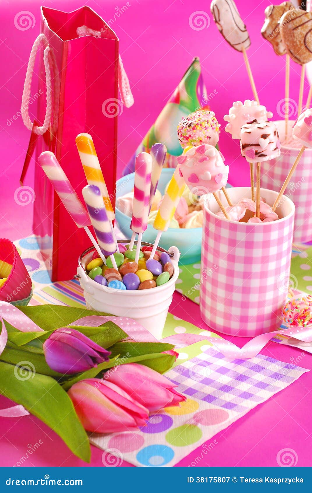 Birthday Party Table with Flowers and Sweets for Kids Stock Image