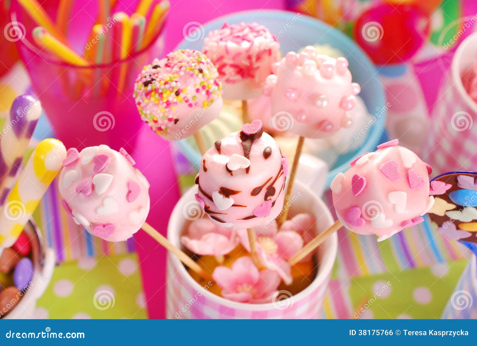 Birthday Party Table with Marshmallow Pops and Other Sweets for Stock