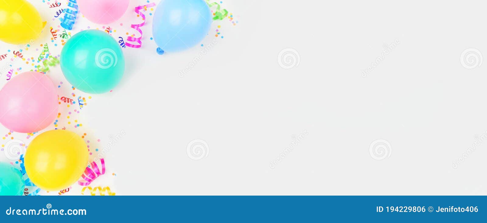 birthday party banner with corner border on a white background with balloons, confetti and streamers