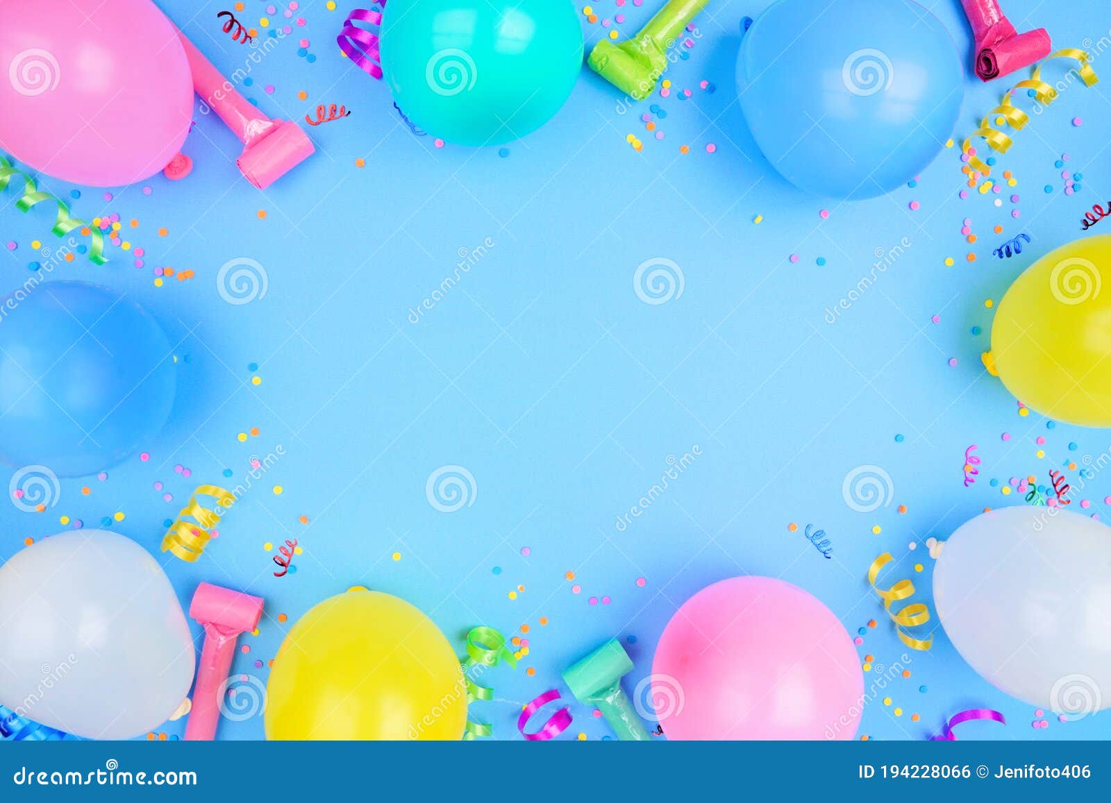 Birthday Party Frame on a Blue Background View with Balloons, Streamers and  Confetti Stock Photo - Image of blower, background: 194228066