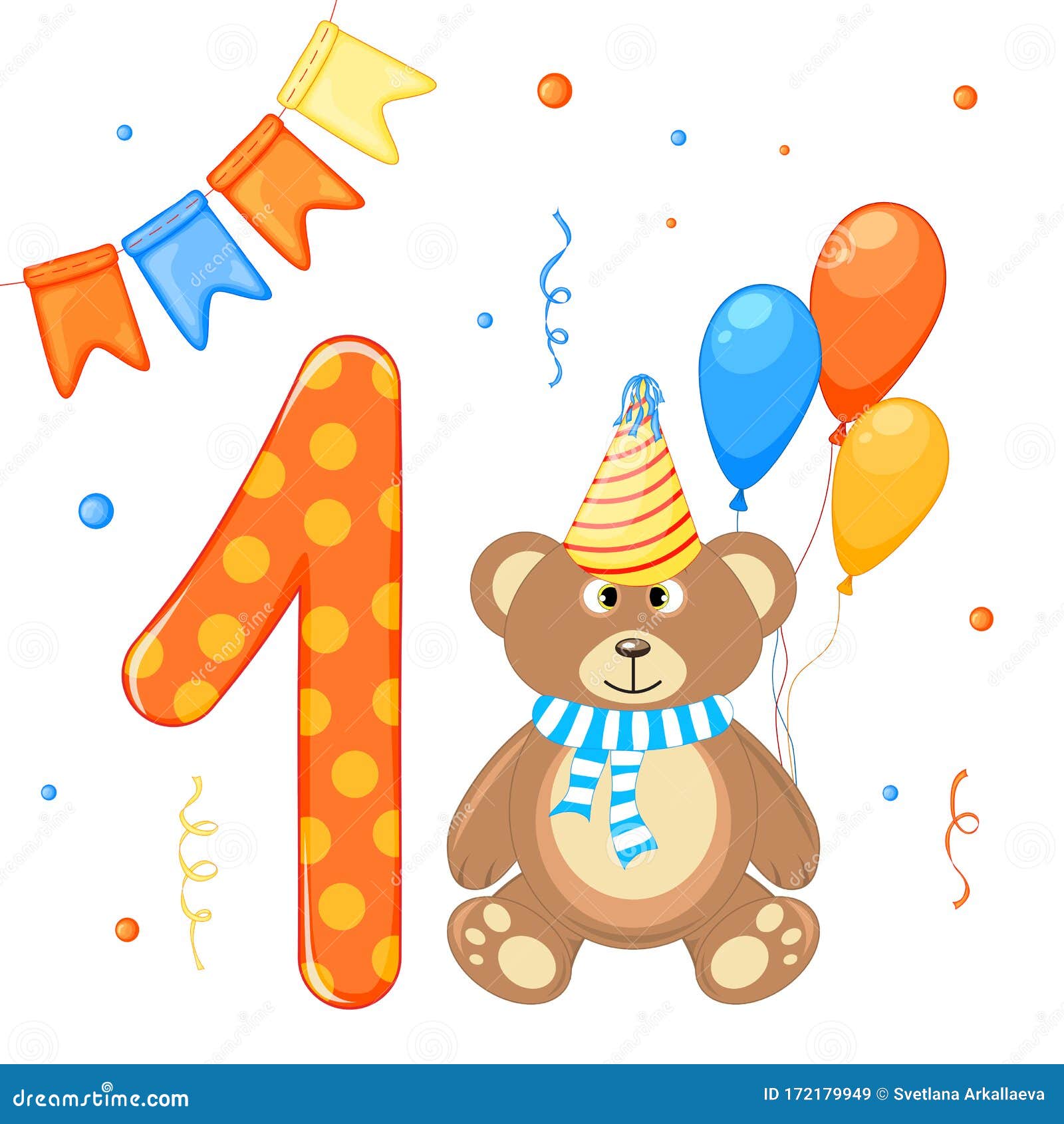 Birthday Set with Teddy Bear and Number One. Cartoon Style Stock ...