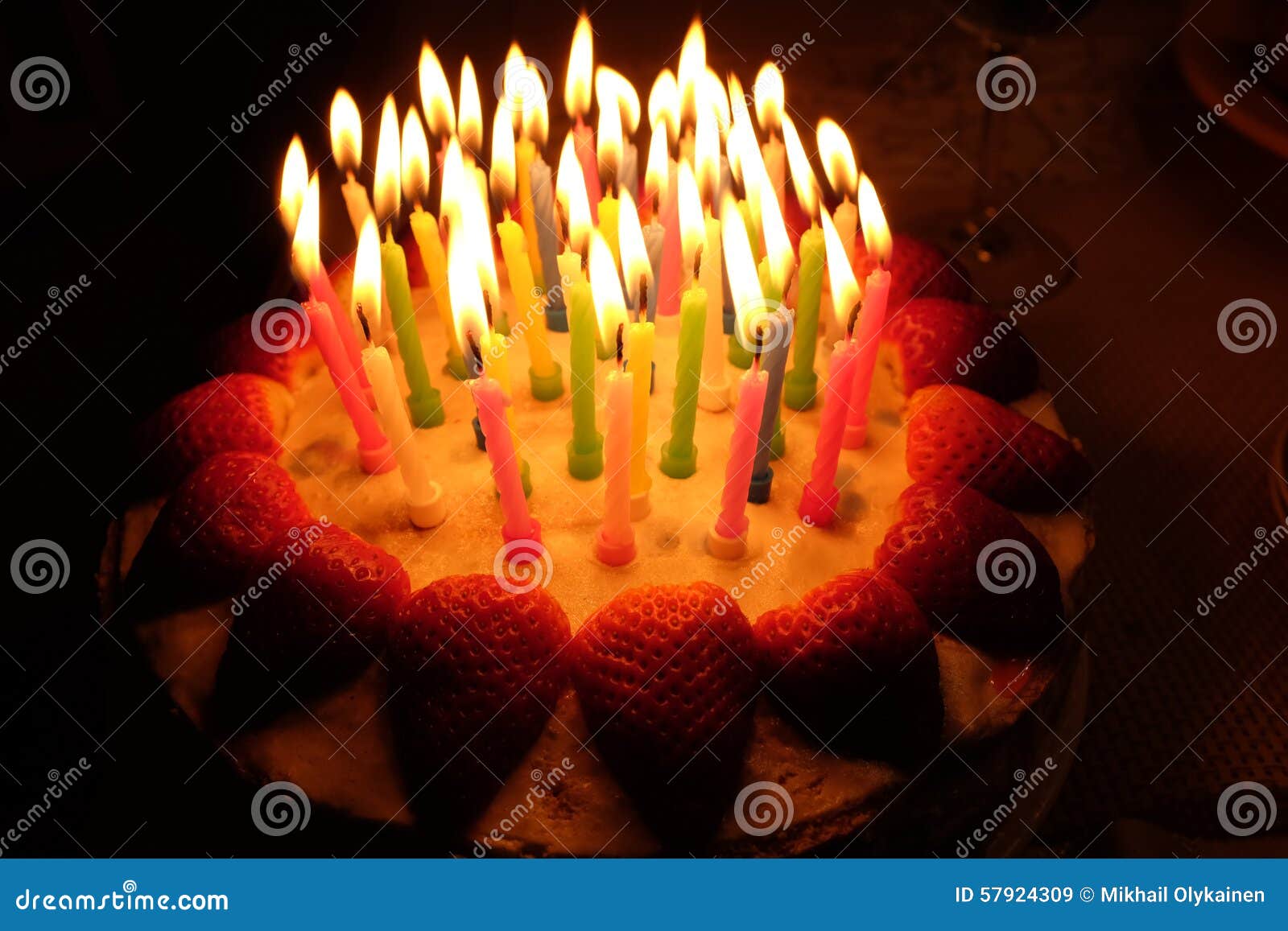 Birthday Strawberry Cake with Lighted Candles Stock Image Image of