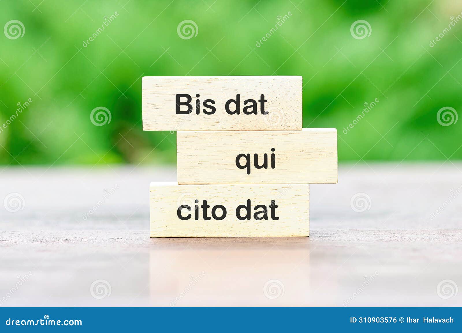 bis dat qui cito dat it is translated from latin as the one who gives twice is the one who gives quickly written on wooden blocks