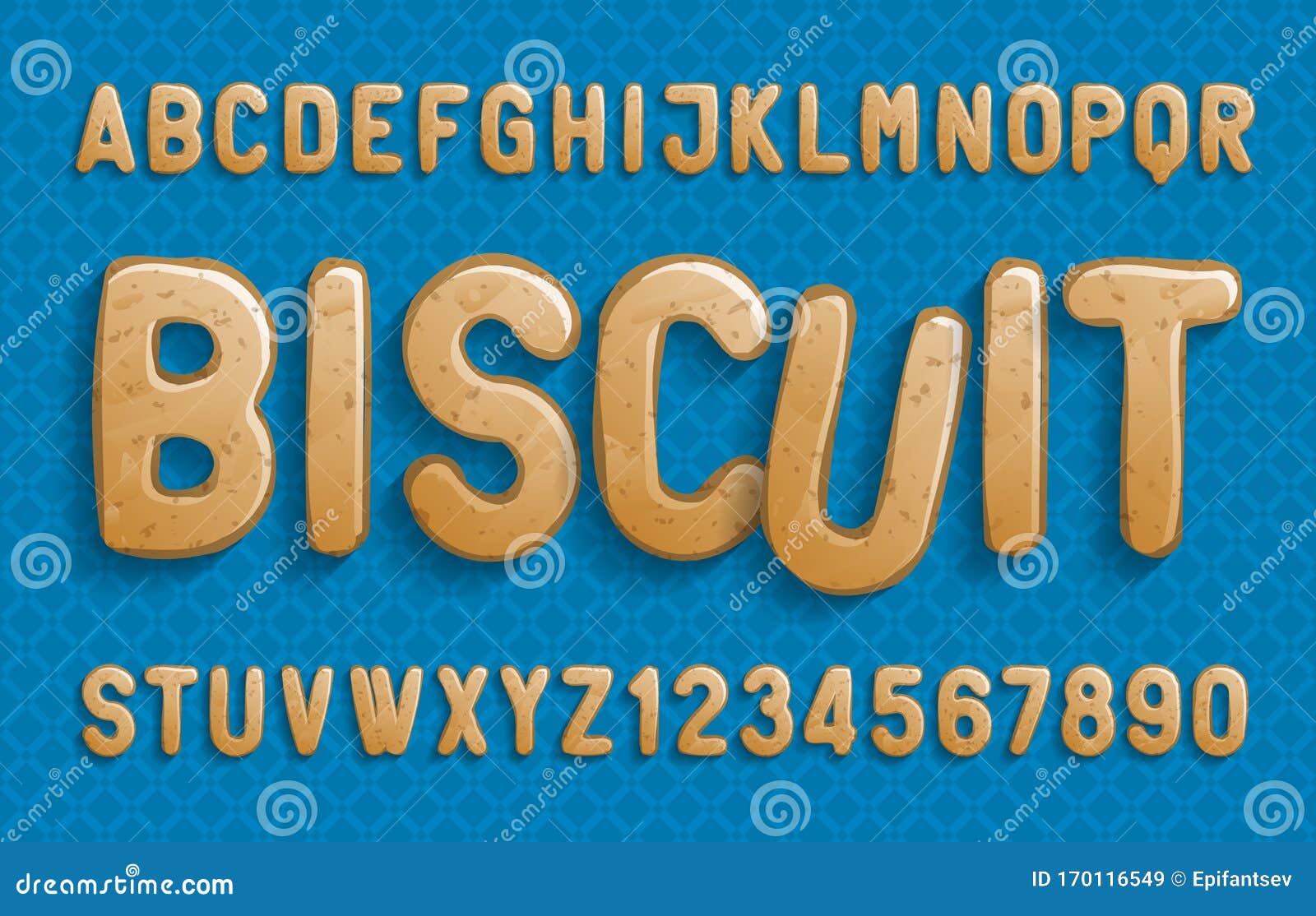 Biscuit Alphabet Font. Cartoon Cookie Letters and Numbers Stock Vector