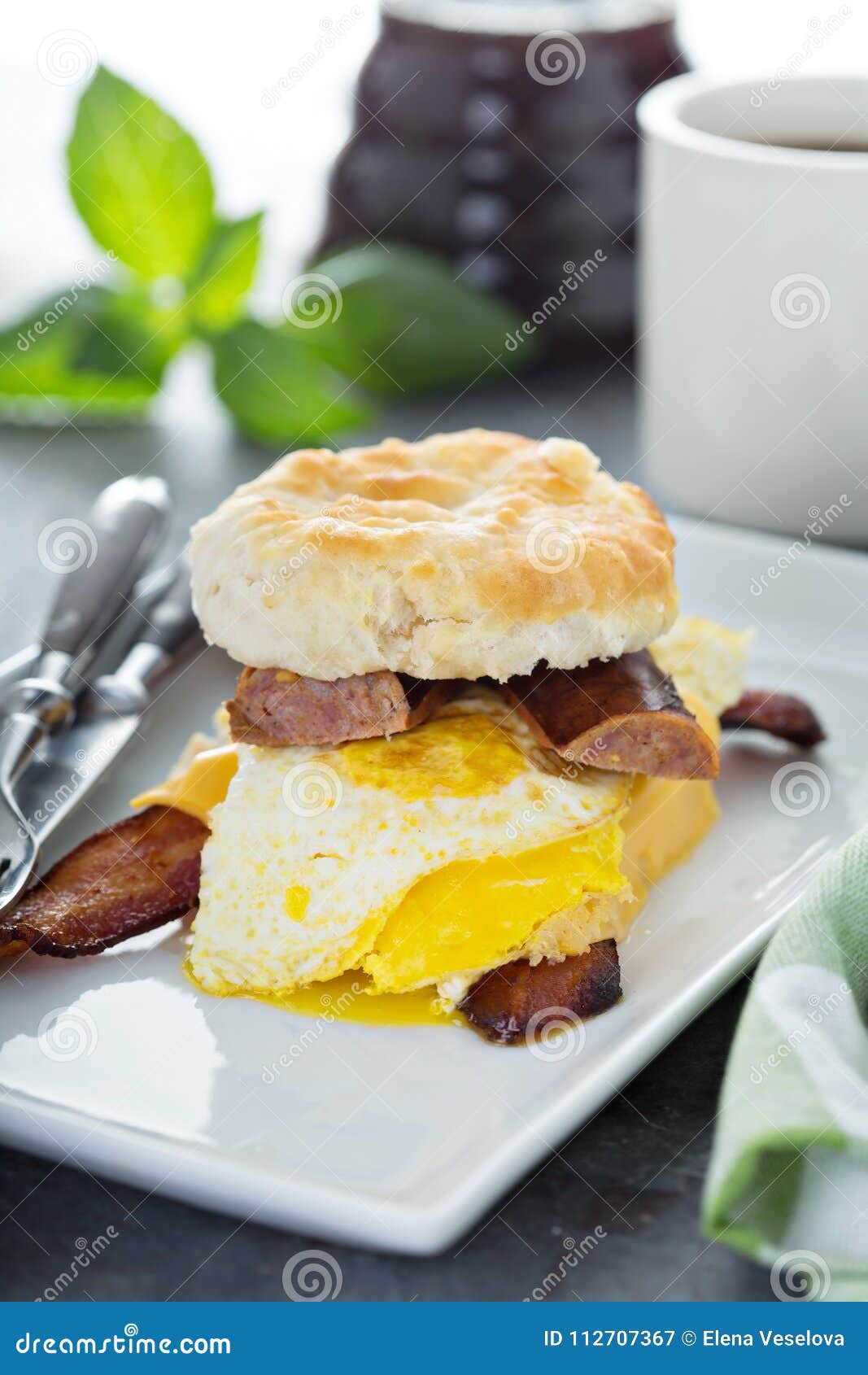 Biscuit breakfast sandwich stock image. Image of calories 112707367