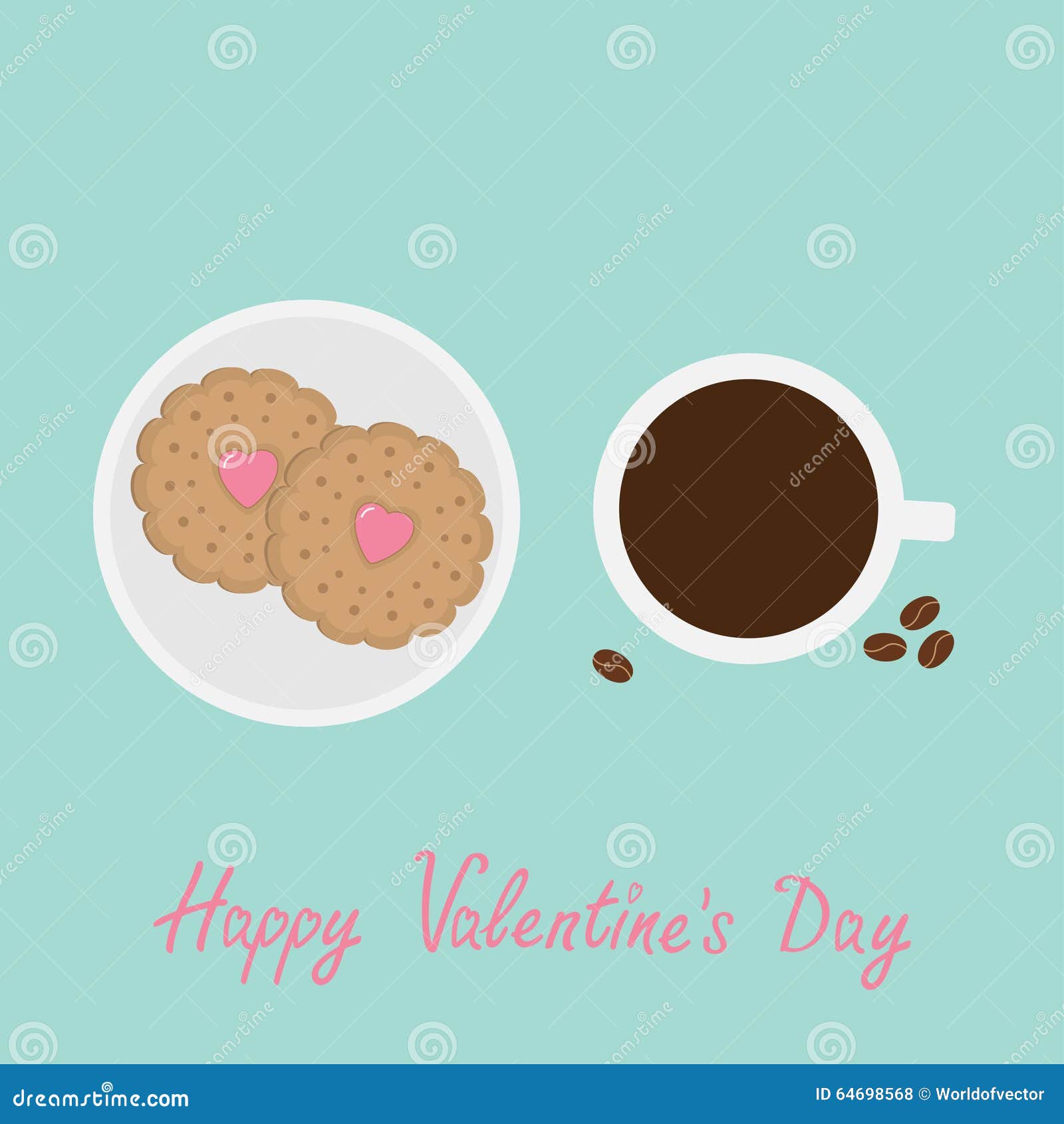 Biscuit Cookie Cracker with Pink Heart on the Plate Cup of Coffee, Beans.  Happy Valentines Day. Flat Design Stock Vector - Illustration of crispy,  dessert: 64698568