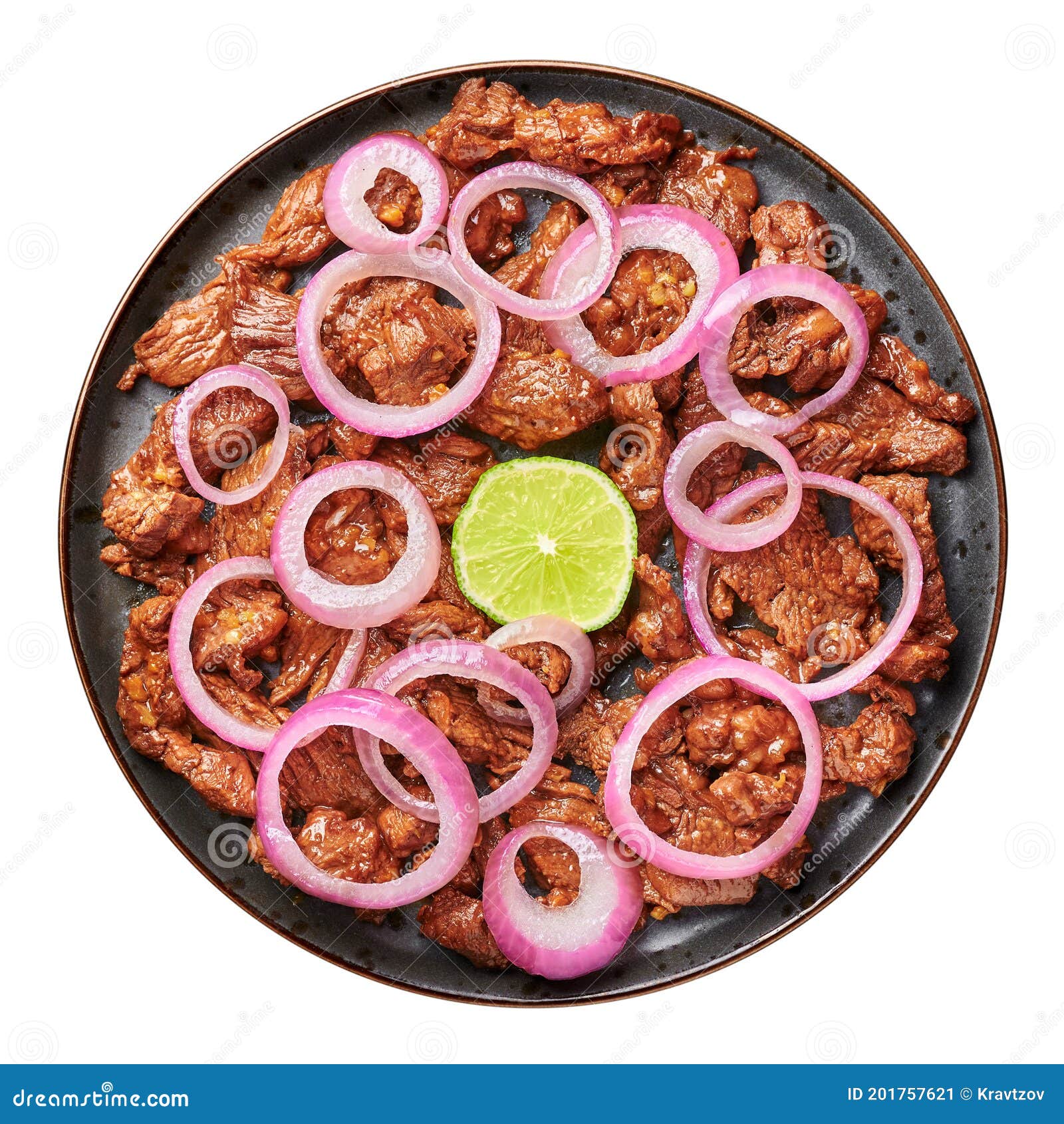 bistek tagalog or bistec encebollado  on white. filipino spanish cuisine beef steak with onion. top view