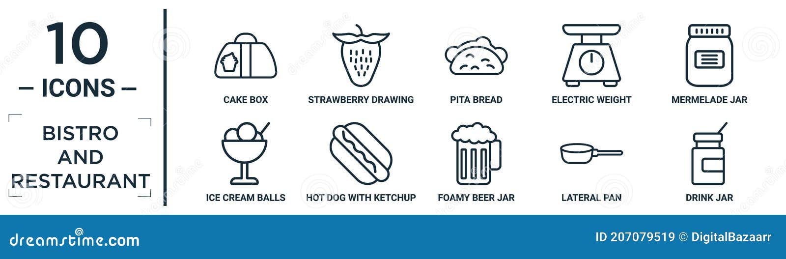 bistro.and.restaurant linear icon set. includes thin line cake box, pita bread, mermelade jar, hot dog with ketchup, lateral pan,